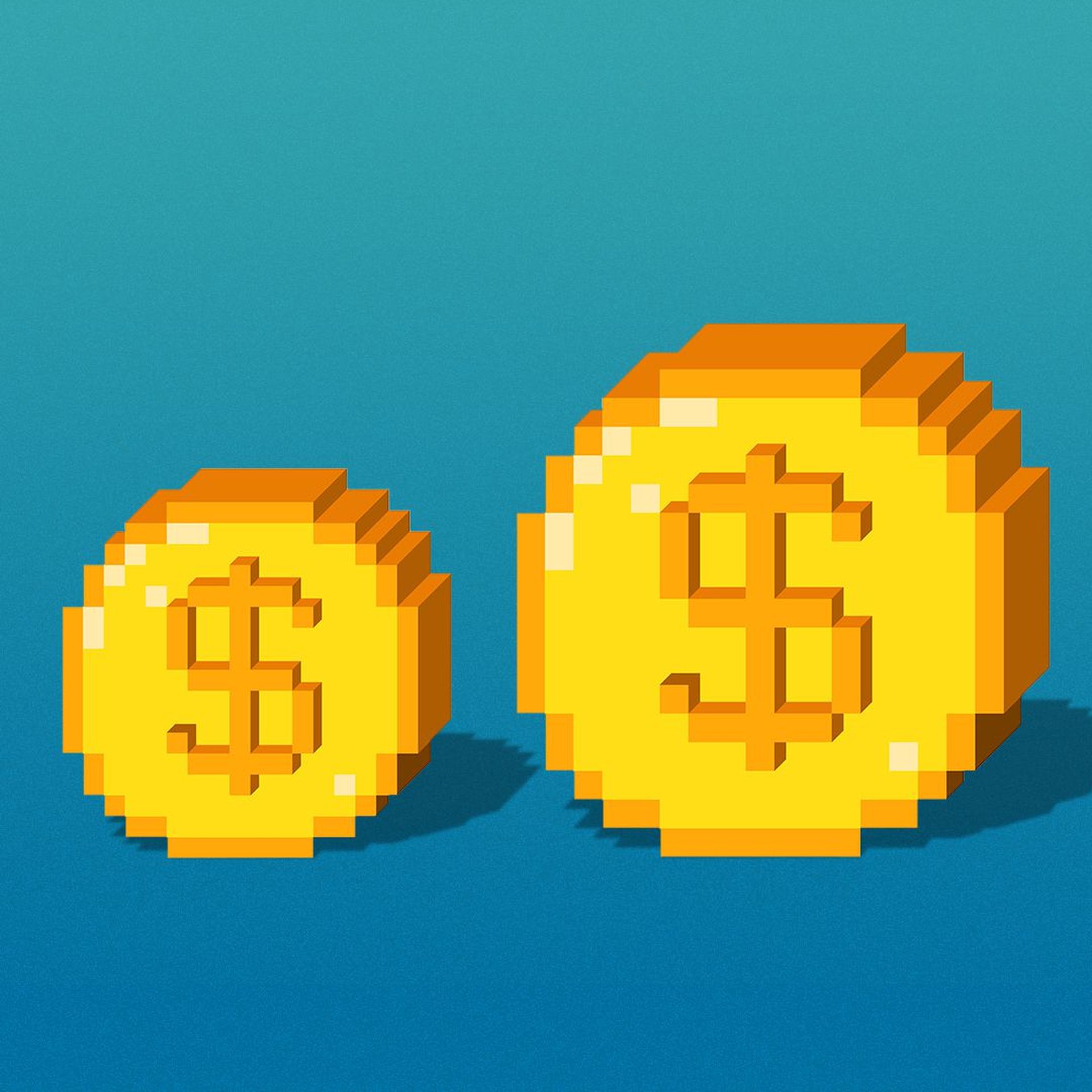 Illustration of pixelated game coins arranged in order of ascending size