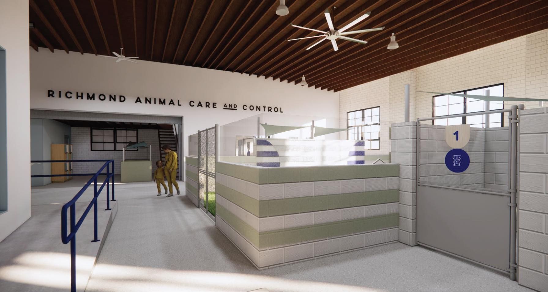 Interior view of Richmond Animal Care and Control: white brick walls, dark wood beam ceiling with fans, striped green kennels, blue railing, and yellow-clad staff near a gate with a blue dog emblem.