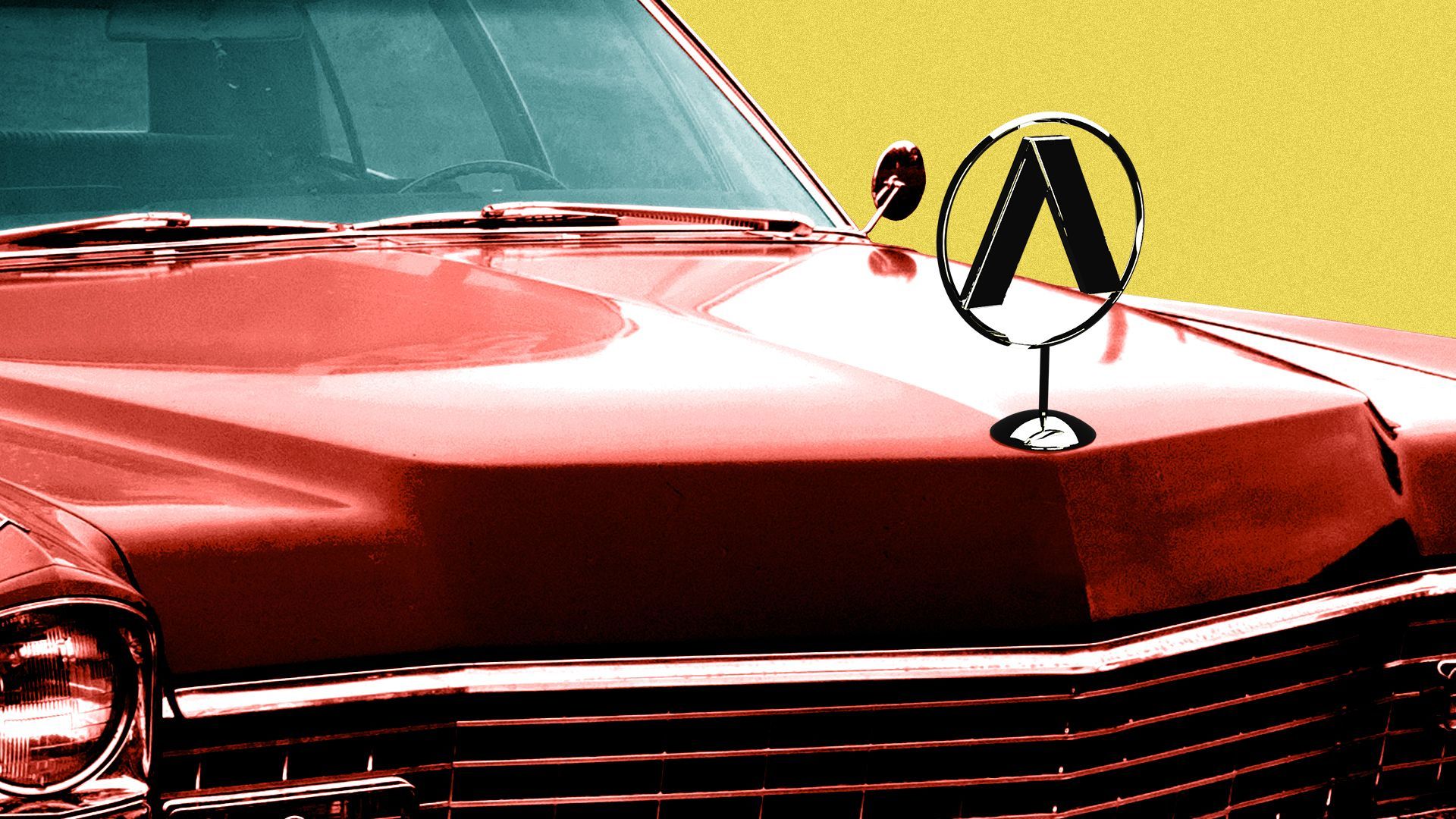 Illustration of a vintage car with an Axios logo for a hood ornament.