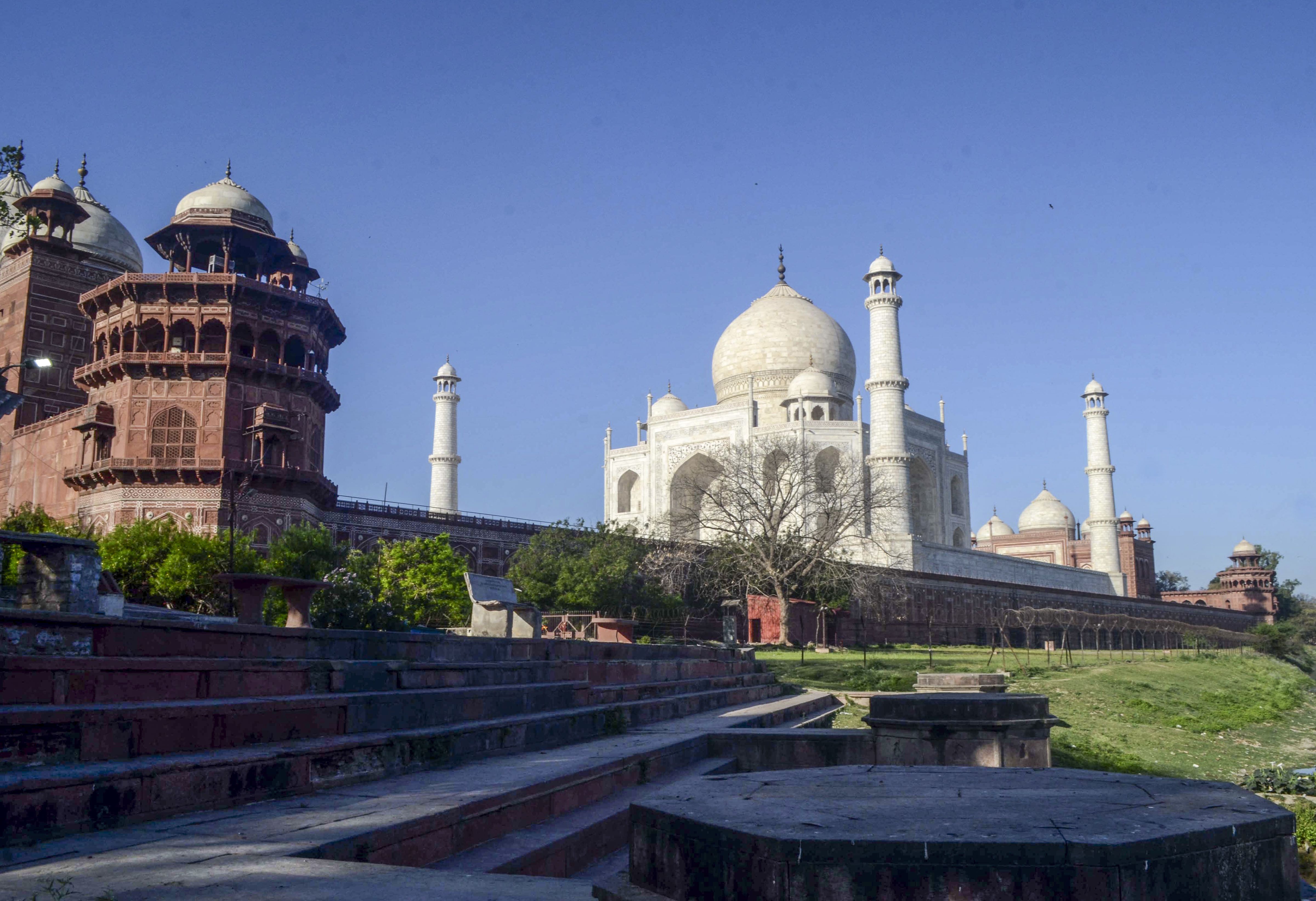 The Taj Mahal with blue skies