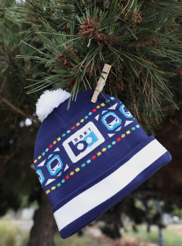 Blue winter hat with white pom-pom and colorful patterns, clipped to a pine tree branch with a wooden clothespin on a cloudy day.