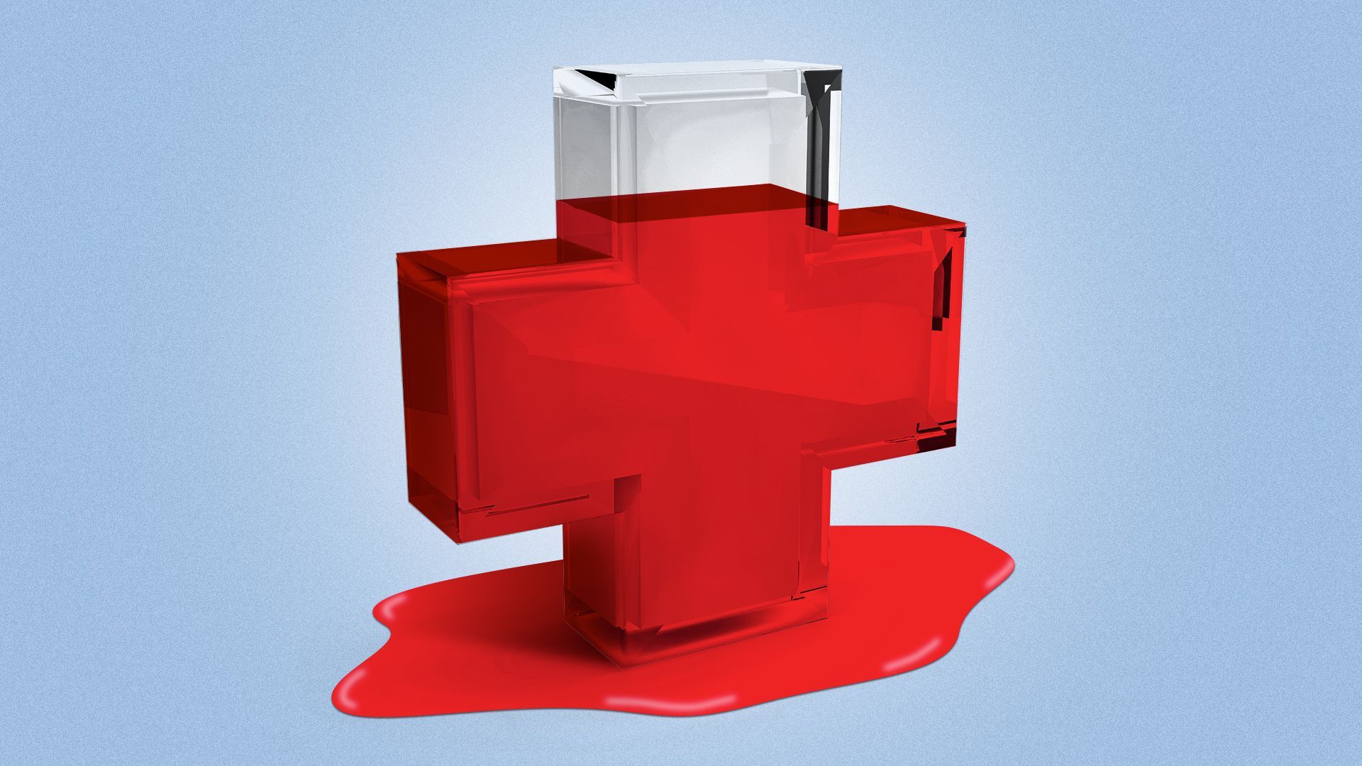 Illustration of a red health plus made of glass, with the red color leaking out onto the ground. 