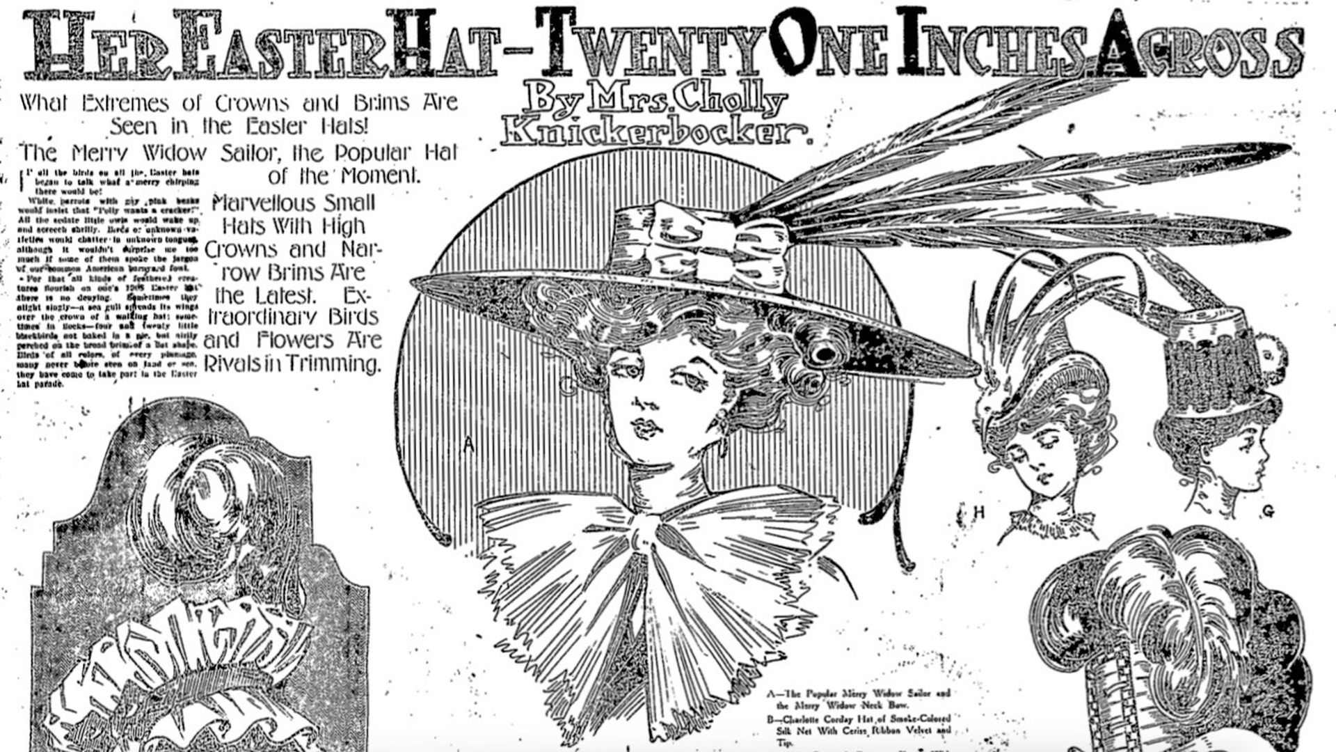 A 1908 news article headlined Her Easter Hat Twenty One Inches Across, with illustrations of women in big hats.