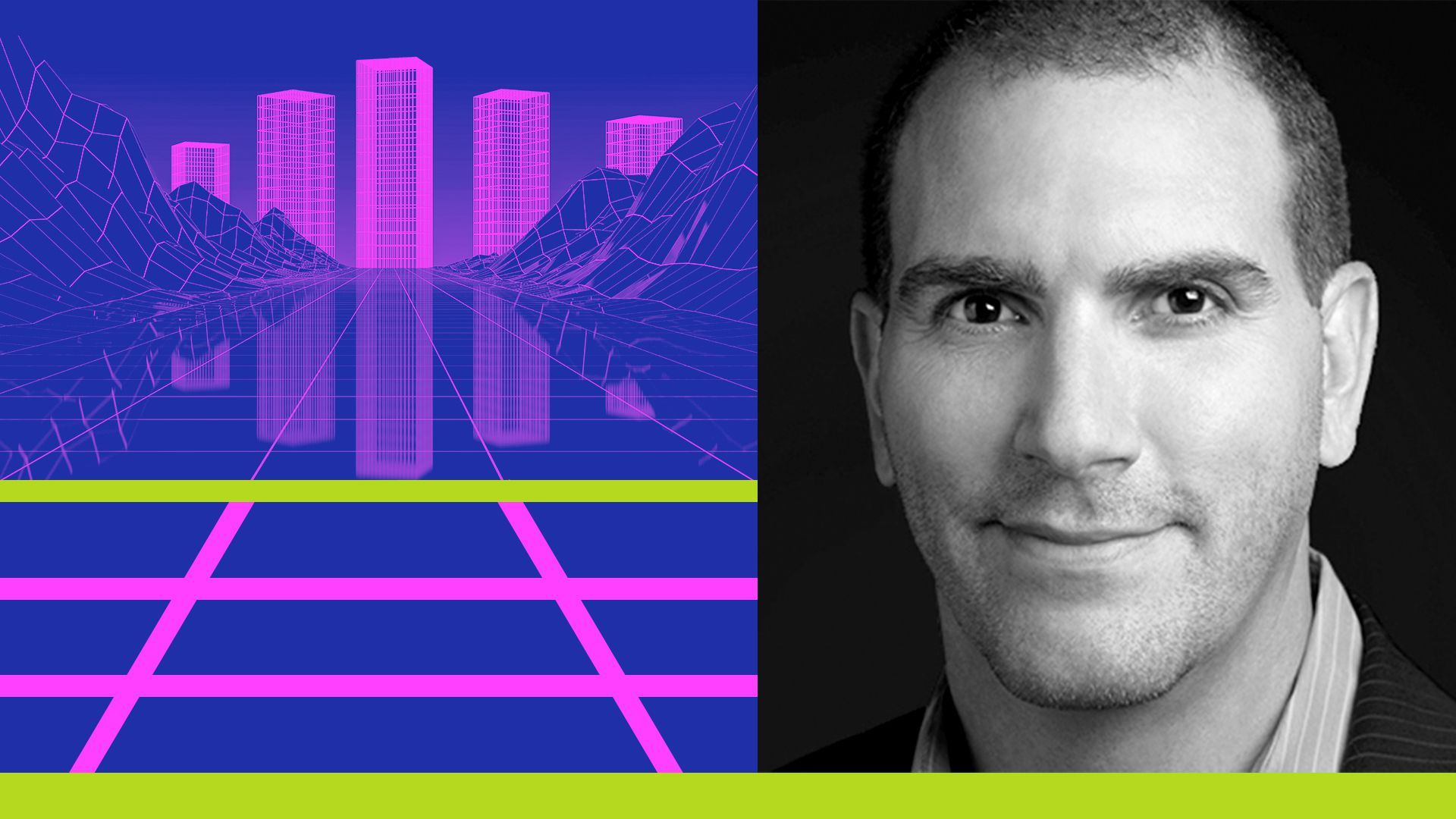 Photo illustration of Manuel Bronstein, Chief Product Officer of Roblox, with an image of the metaverse and abstract shapes.