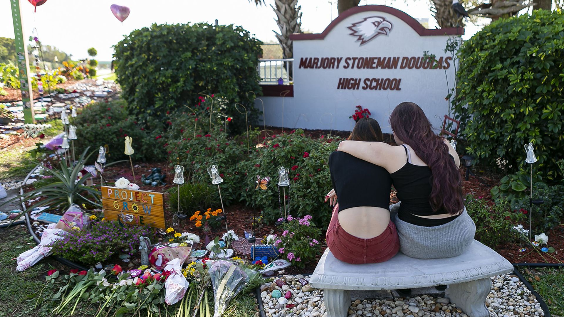 A makeshift memorial outside of Marjory Stoneman Douglas High School in Parkland, Florida, on Friday, Feb. 14, 2020.
