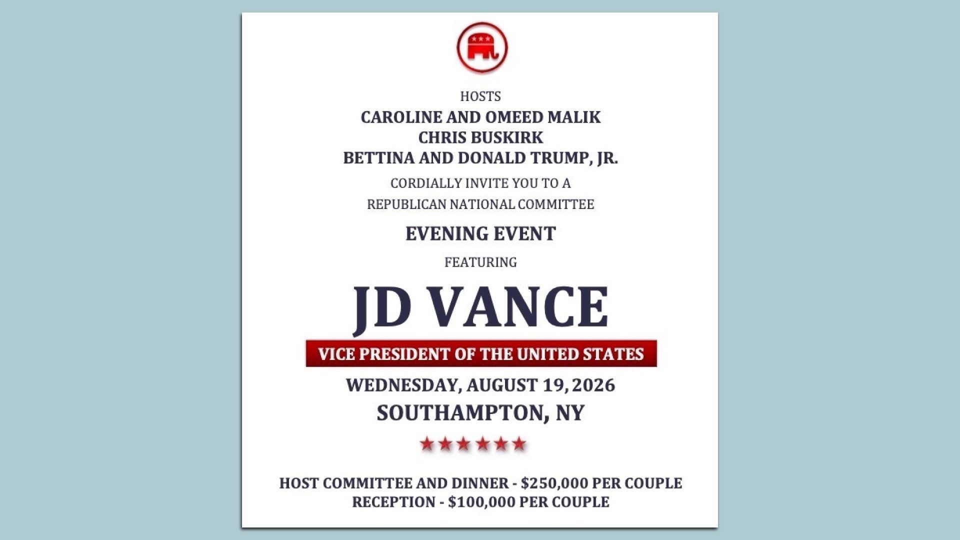 GOP invitation flyer: Hosts Malik, Buskirk, and Trump Jr. invite to a Republican National Committee evening featuring JD Vance, Vice President of the United States, Aug 19, 2026, Southampton, NY.