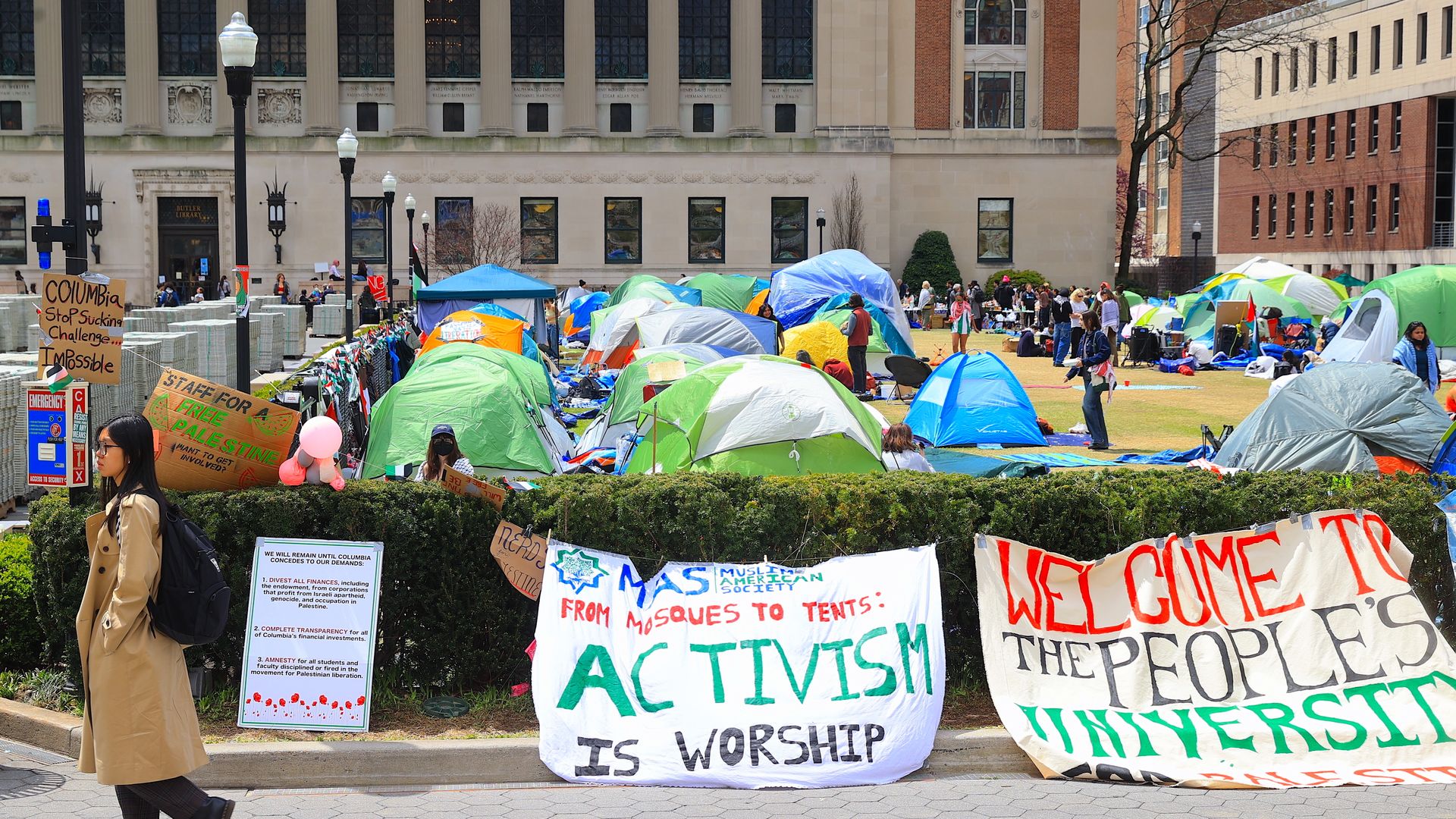 Pro-Palestinians students at Columbia University have a demonstration near Gaza Solidarity Encampment on April 25