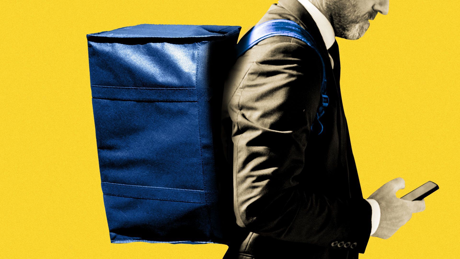 Illustration of a person in a suit and wearing a delivery backpack looking at a phone.