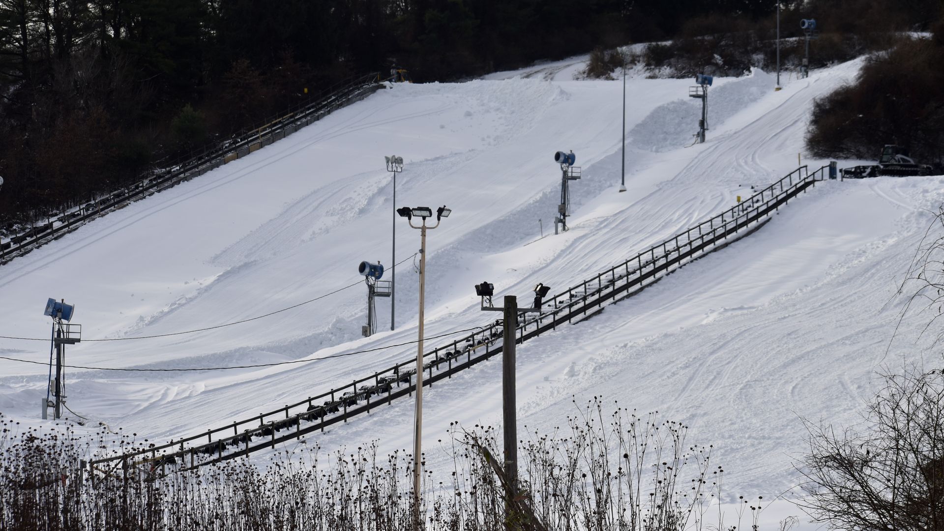 Snow-covered ski slope with a conveyor-style lift, snow machines, and lighting poles, surrounded by trees and brown dried plants in the foreground.