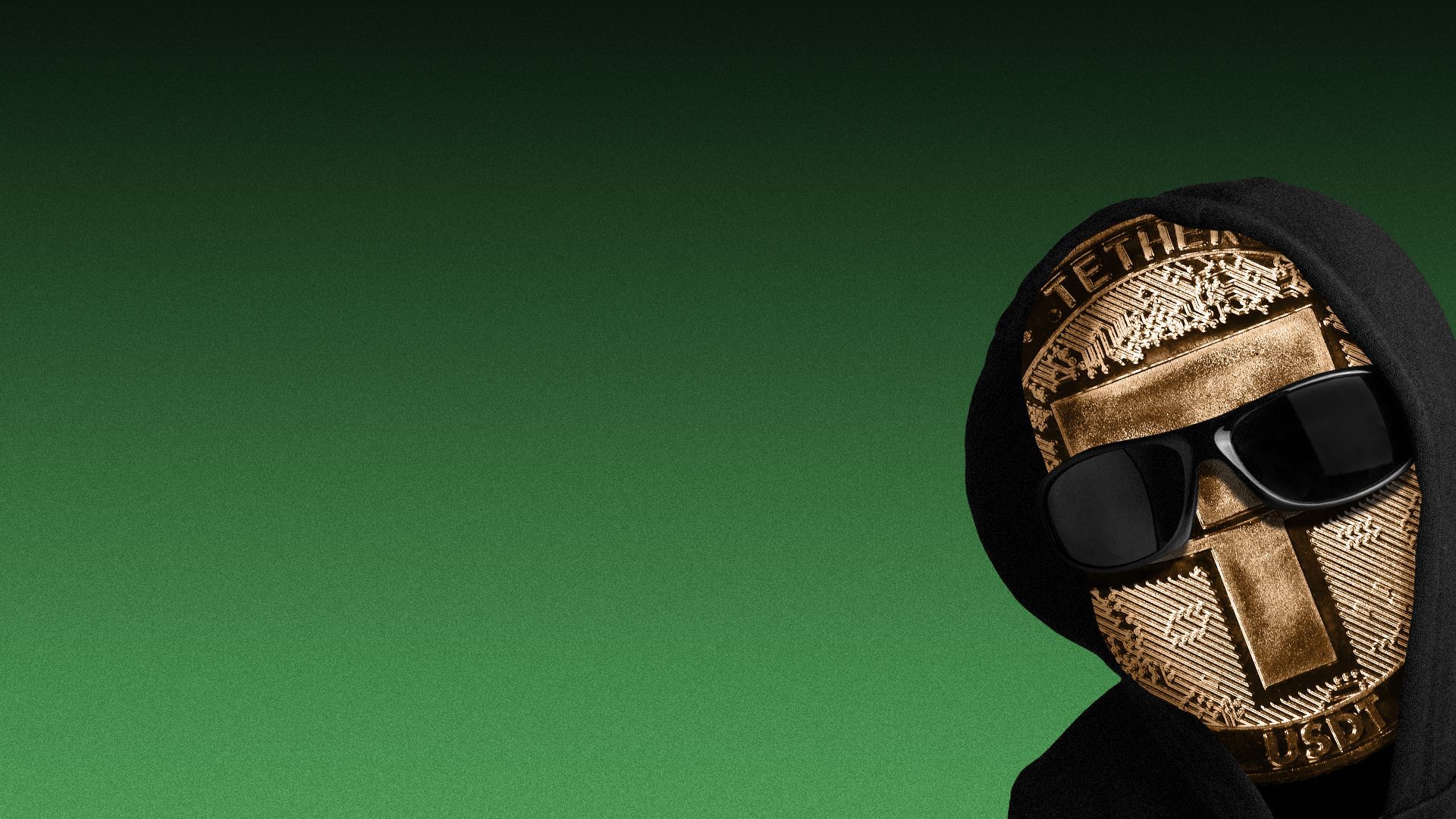 Illustration of the Tether coin wearing sunglasses and a hoodie.