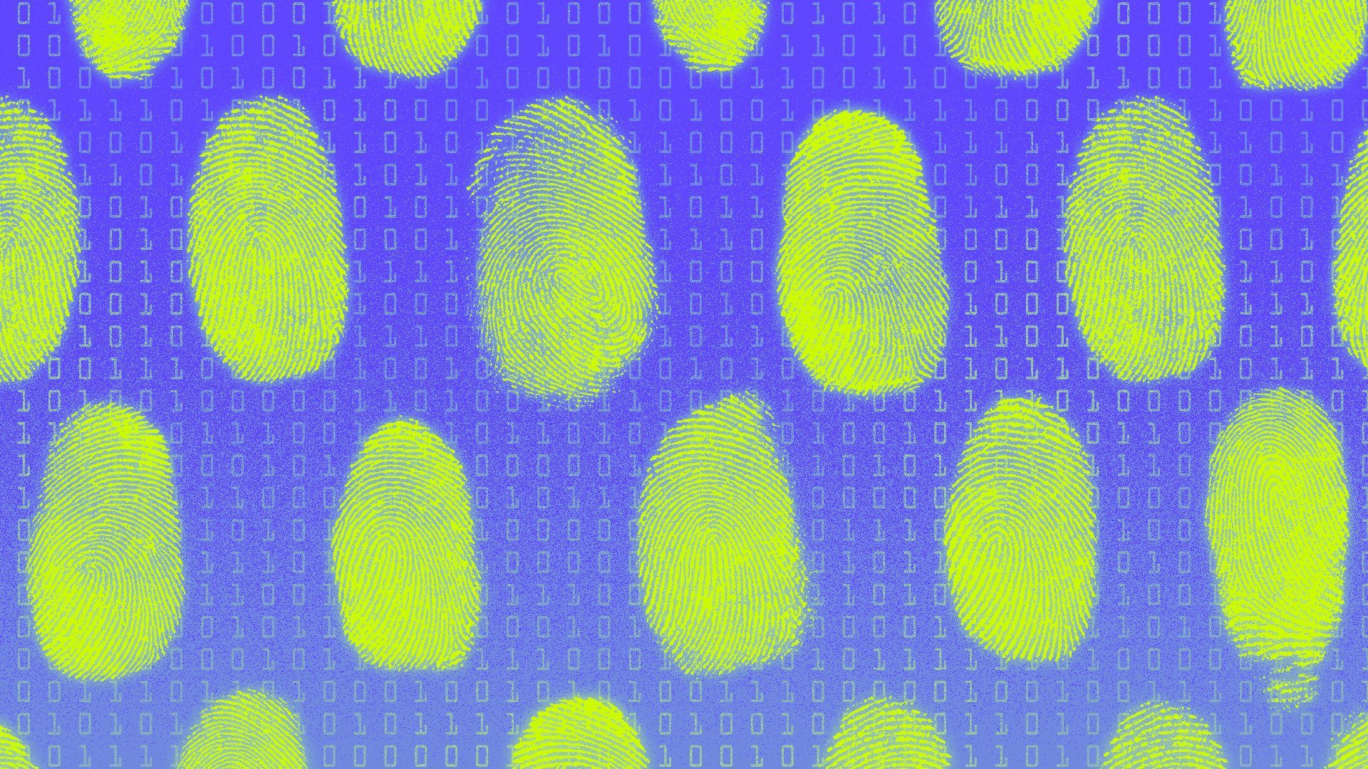 Illustration of a pattern of fingerprints over a pattern of binary code.