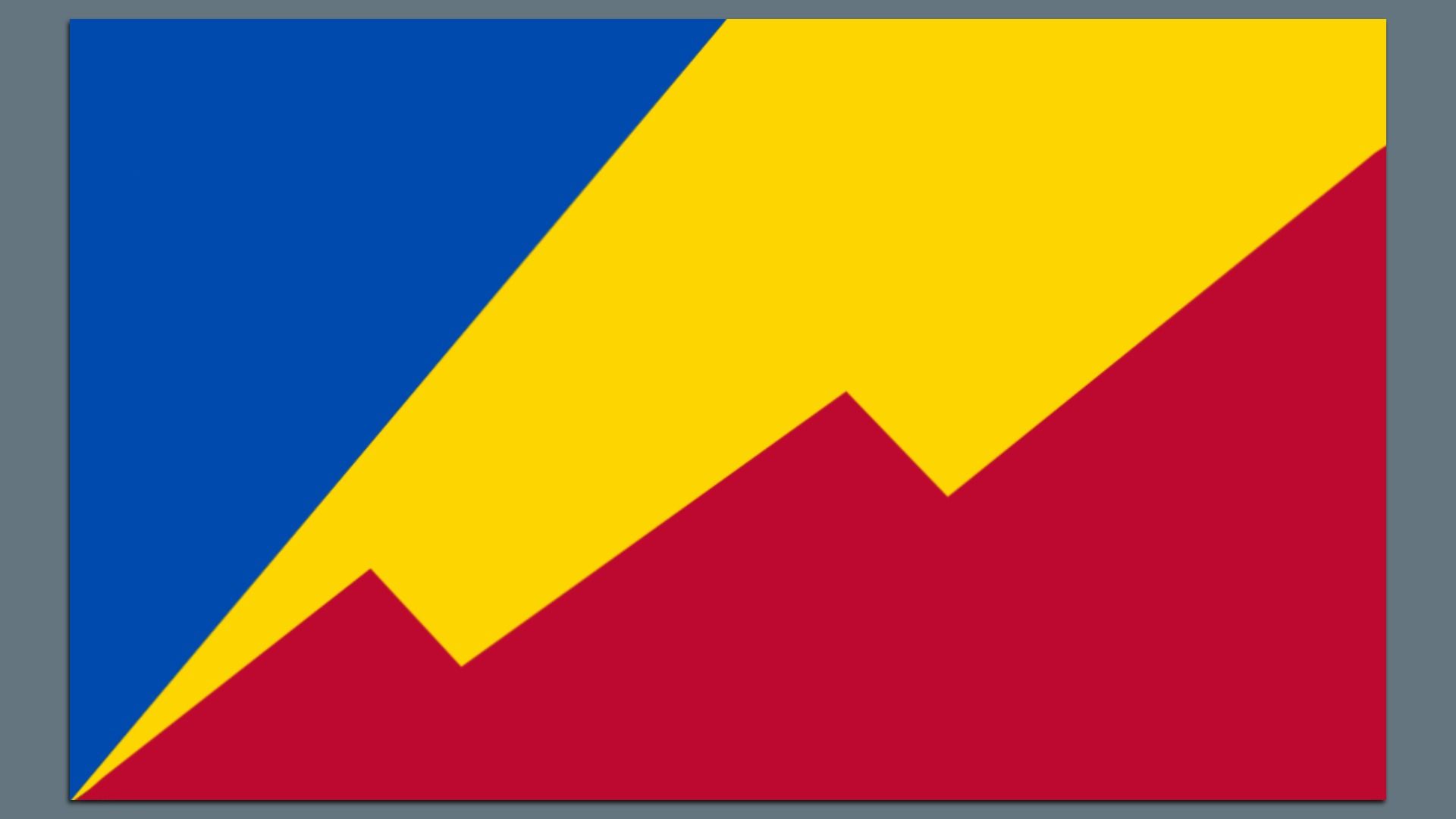 Abstract geometric design: a blue left triangle, a bold yellow diagonal band sweeping across the center, and a red lower area with a jagged edge along the yellow line, all inside a gray frame.