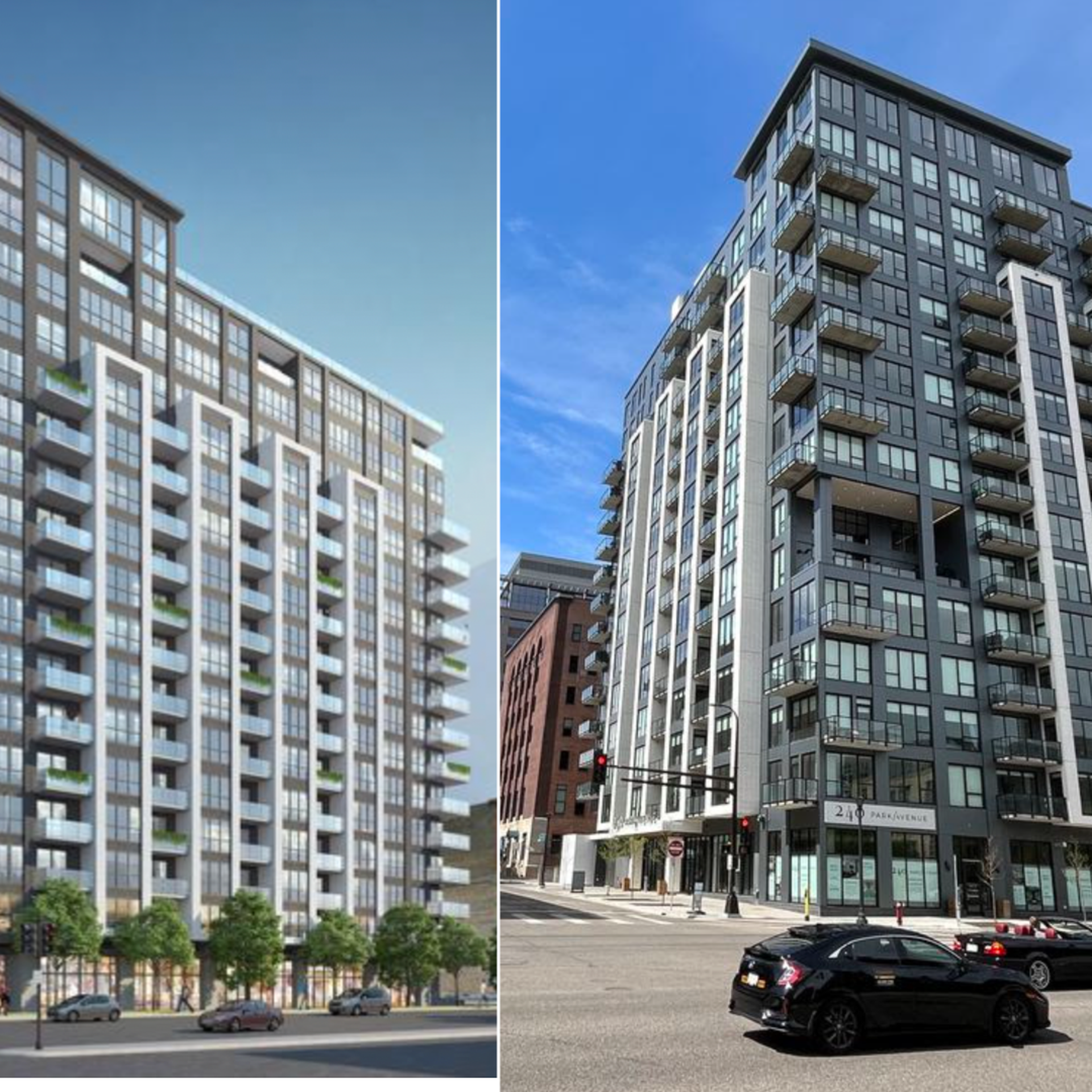An image of a rendering of a downtown Minneapolis apartment tower, next to a photo of the actual building after construction completed.