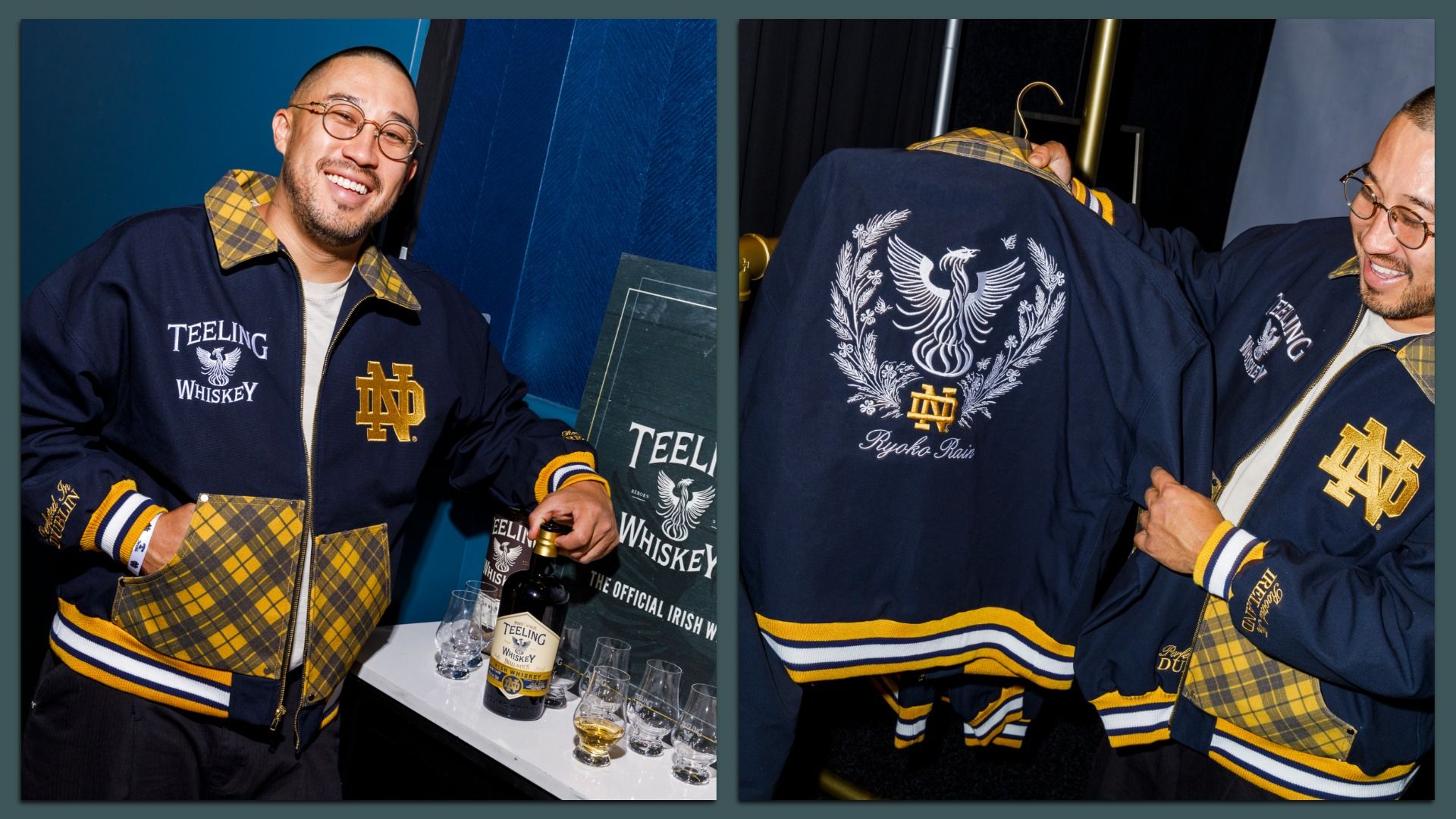 Man wearing a navy blue and yellow plaid jacket with "Teeling Whiskey" and "ND" logos, holding a bottle and displaying jacket's back with a phoenix and "Ryoko Rain" embroidered.