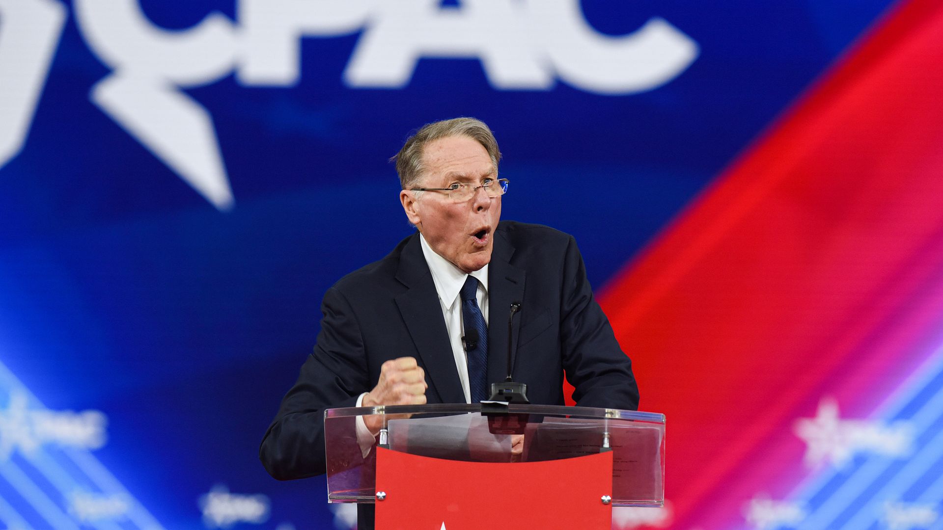 Wayne LaPierre, CEO and Executive Vice President of the National Rifle Association, speaking at CPAC 2022 in Orlando in February.