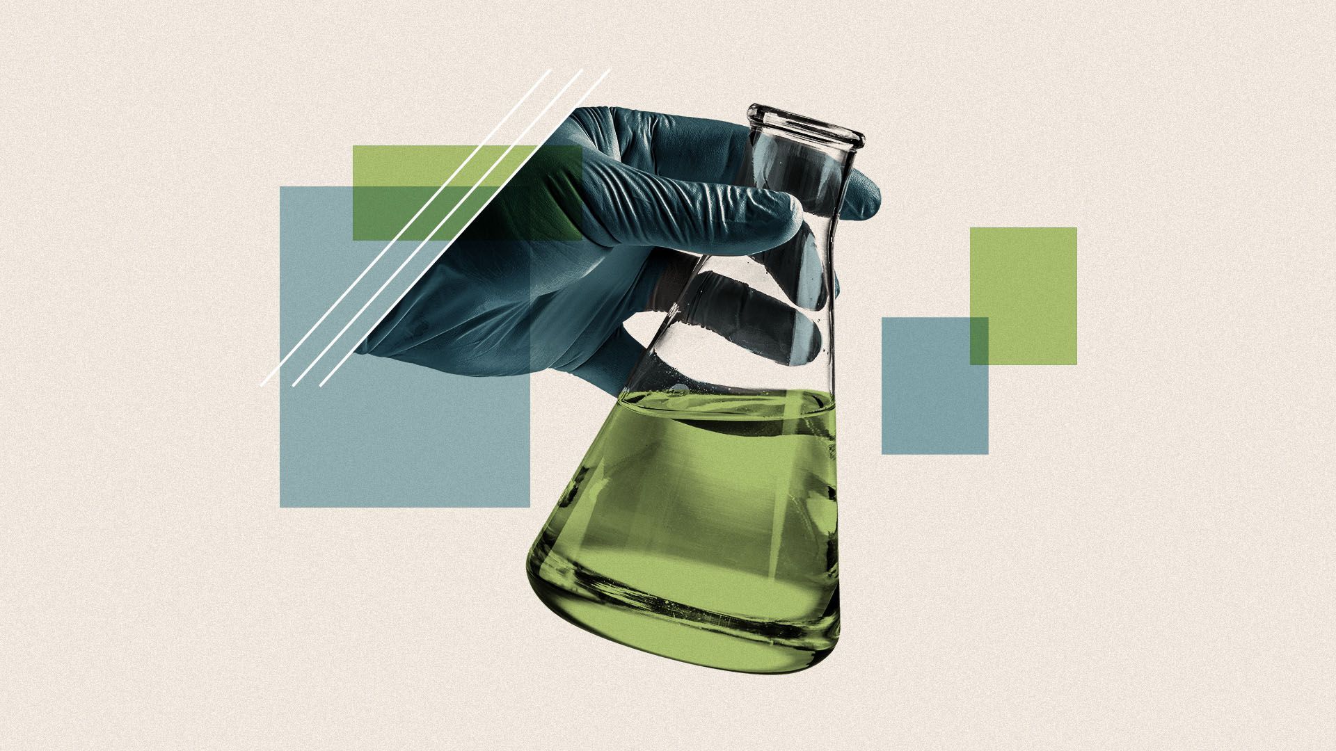 Illustration of a hand in a medical glove holding a beaker full of liquid