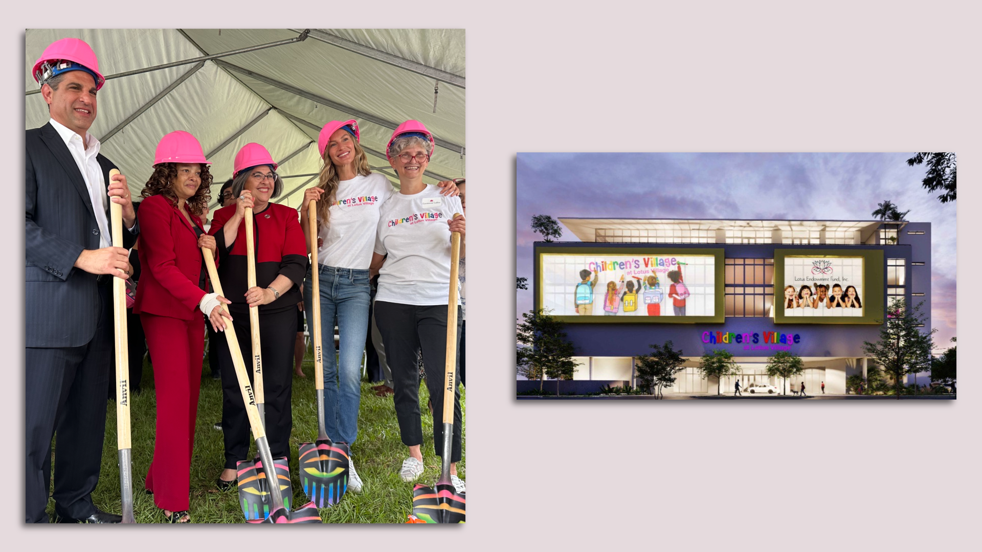 A photo collage shows a rendering of the new Children's Village facility and a groundbreaking with supermodel Gisele Bundchen and government leaders