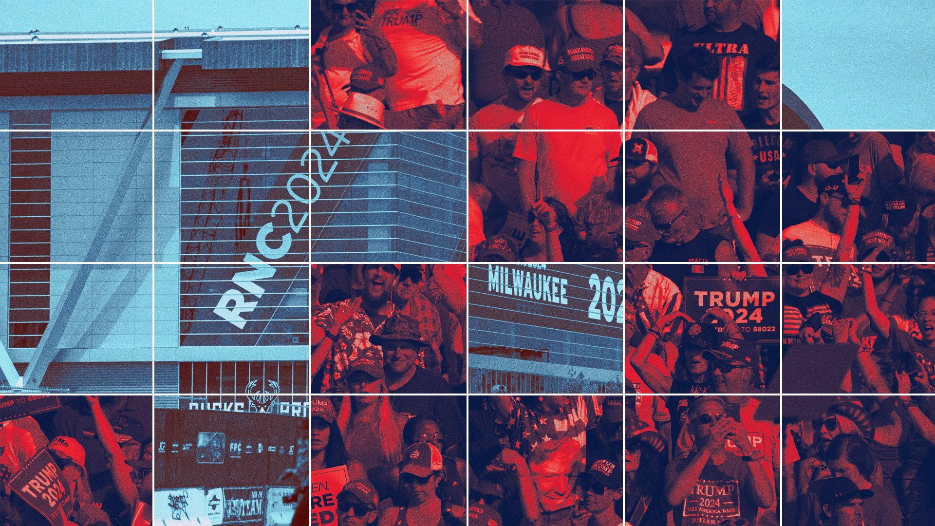 Photo illustration collage of the Fiserv Forum ahead of the 2024 Republican National Convention and photos from Donald Trump's rally in Butler, Pennsylvania.