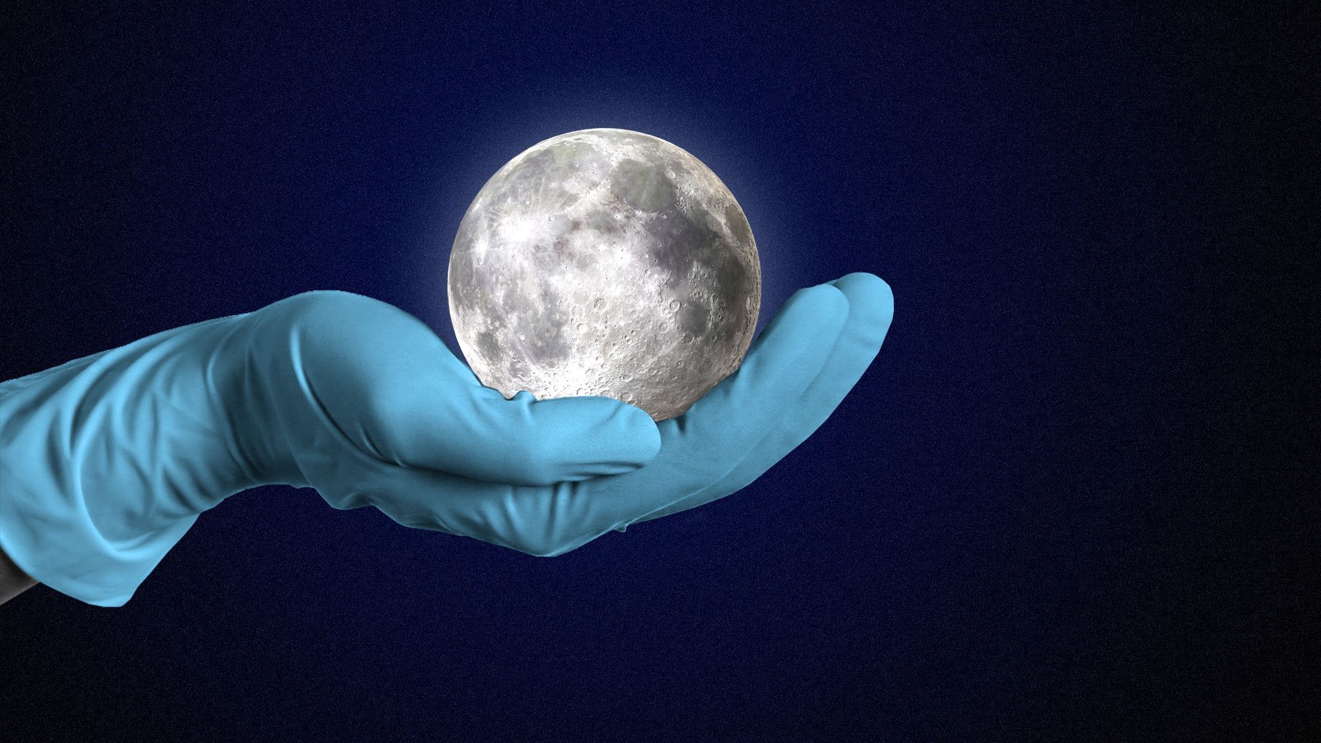 A hand with a latex glove holding the moon