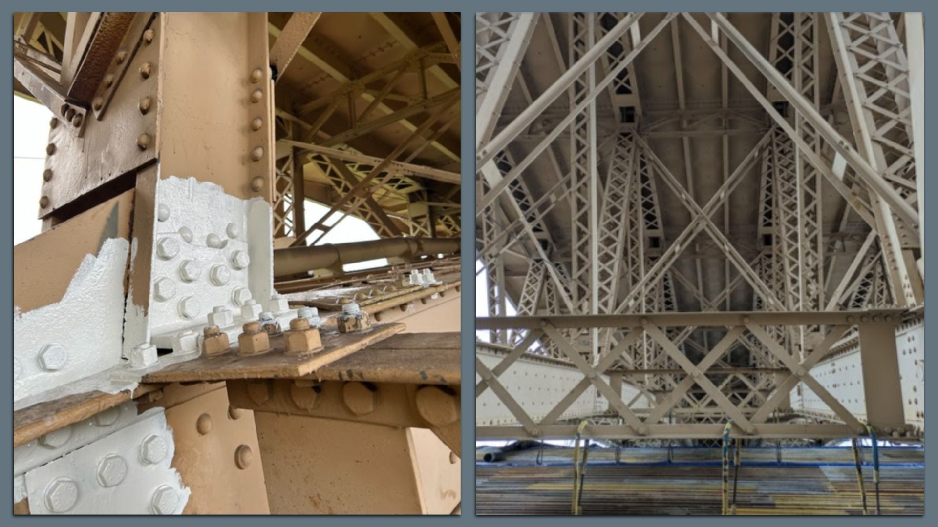Two-panel view of a steel bridge: left shows a riveted beige beam with bolts and patchy paint; right reveals a complex gray lattice truss beneath the structure.