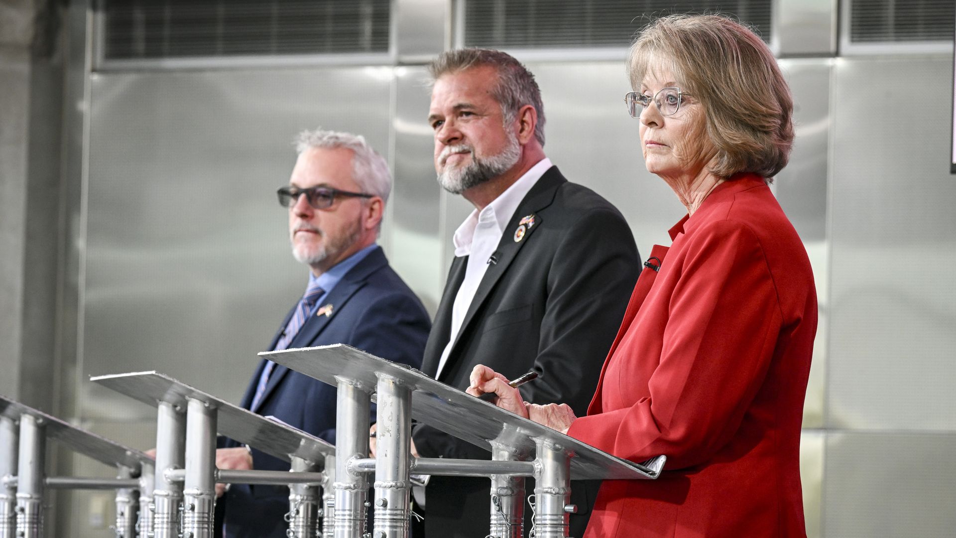 From left to right, state Rep. Scott Bottoms, Victor Marx and state Sen. Barbara Kirkmeyer. Photo: AAron Ontiveroz/The Denver Post via Getty Images