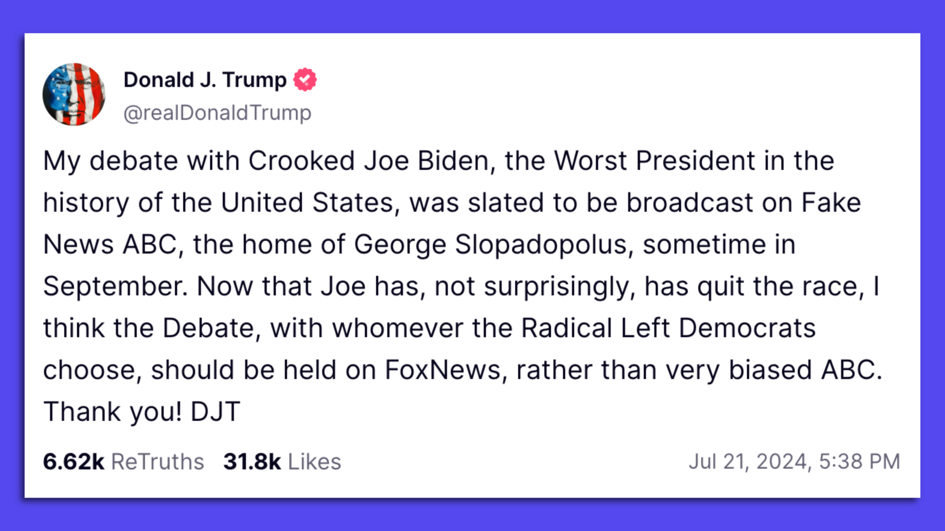 A post by Donald Trump on Truth Social