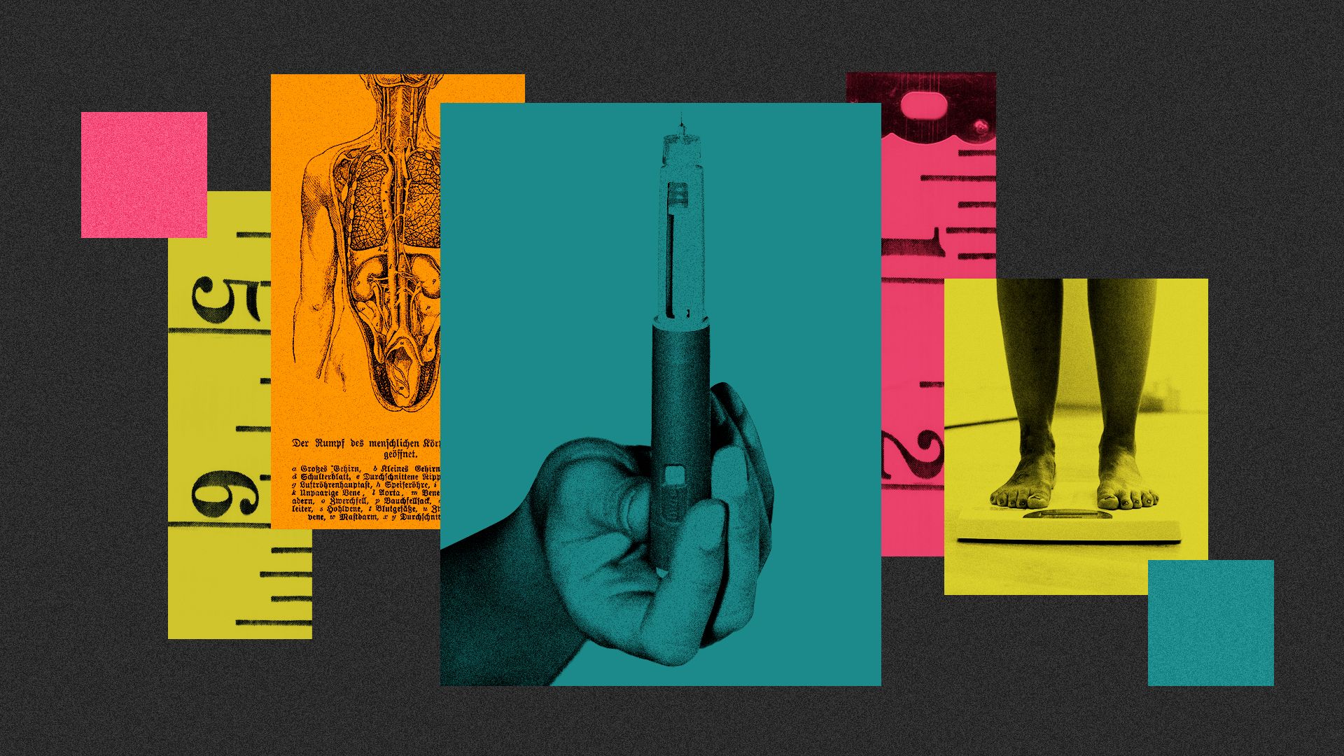 an collage of colorful rectangles featuring photos of weight loss drugs, measuring tapes and medical charts 