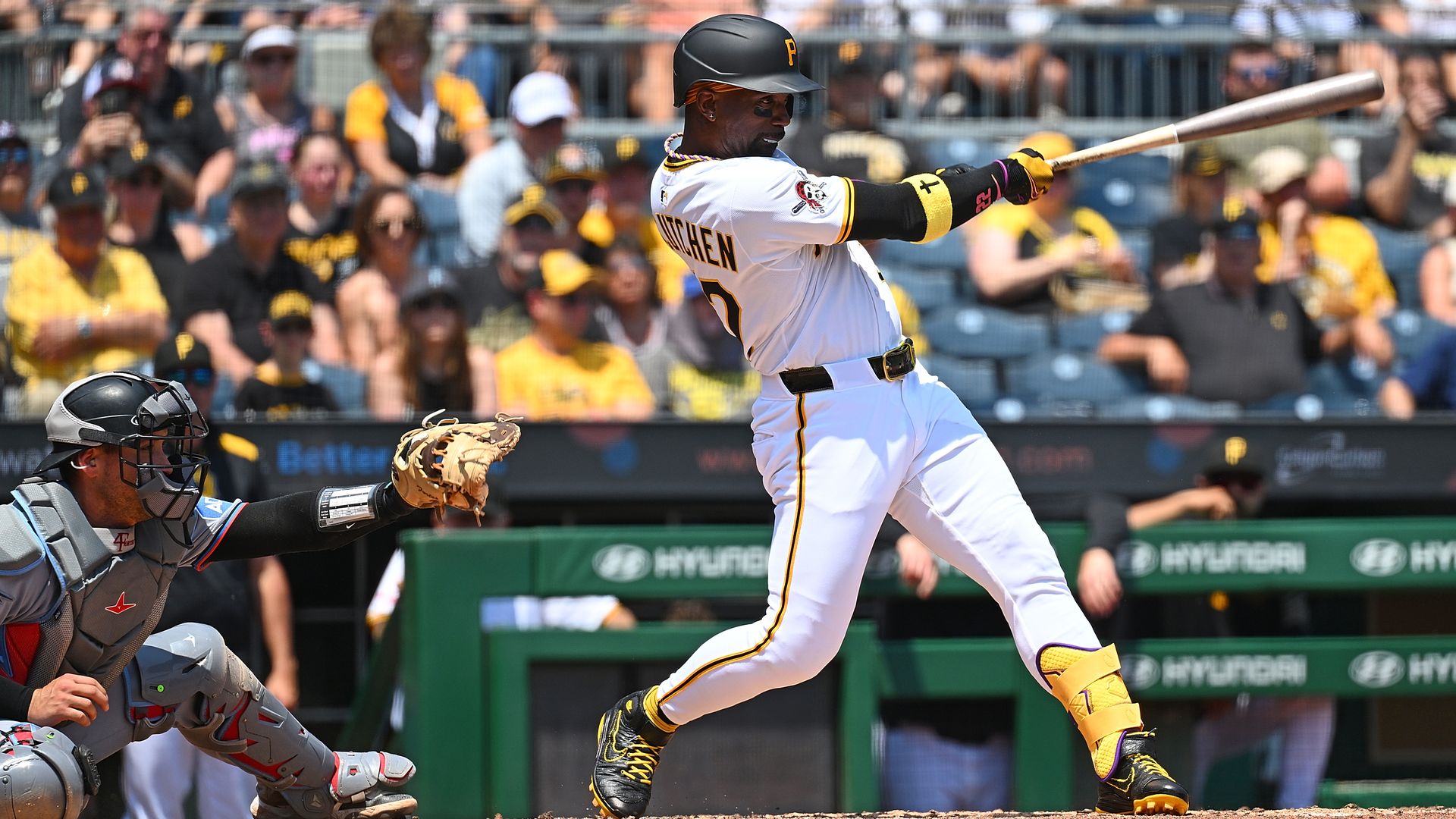 Andrew McCutchen #22 of the Pittsburgh Pirates hits a three run home run in the fifth inning during the game against the Miami Marlins at PNC Park on June 11, 2025 in Pittsburgh, Pennsylvania. (Photo by Justin Berl/Getty Images)