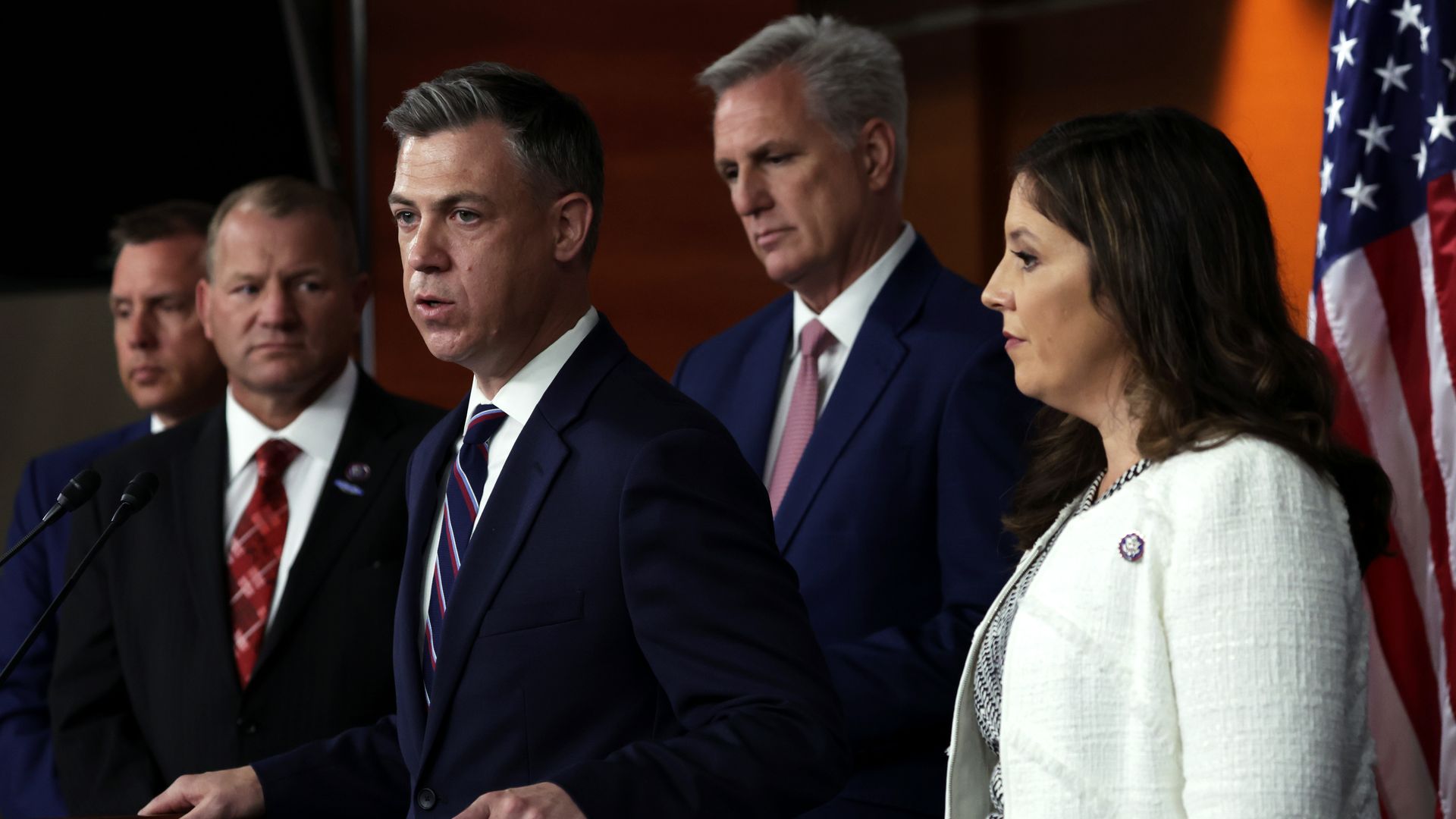 Rep. Jim Banks speaks at a news conference with other House Republicans and members of GOP leadership.