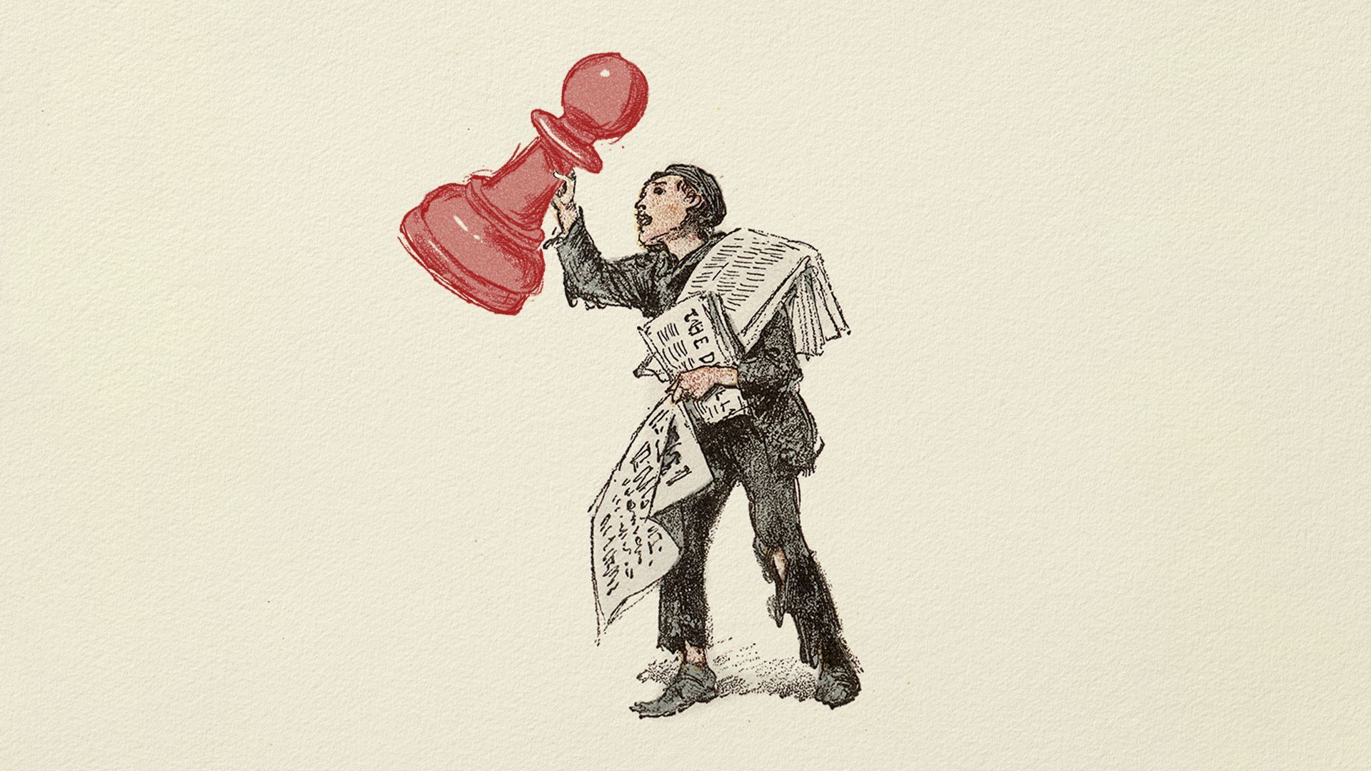 Illustration of a paperboy with newspapers over his shoulder and in one hand and a large game piece raised in his other hand