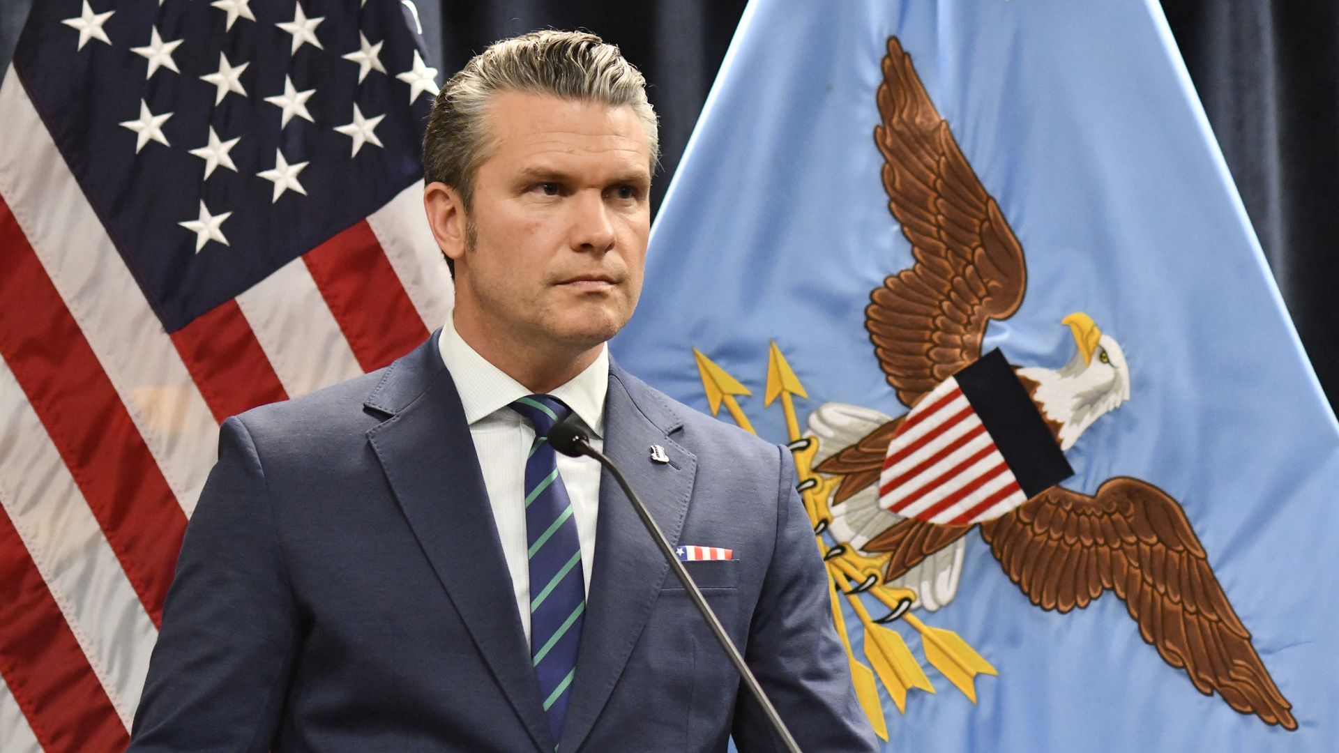 Secretary of Defense Pete Hegseth at a press conference. 