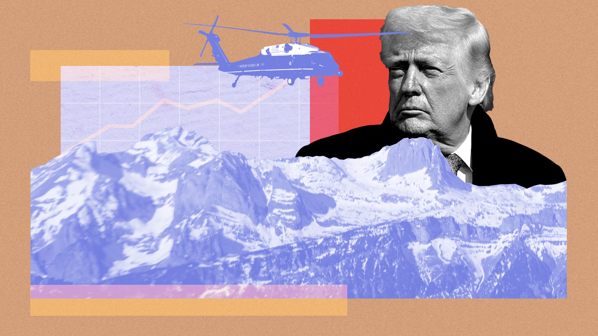 Photo illustration of President Donald Trump overlooking the Swiss Alps with various rectangular shapes in the background