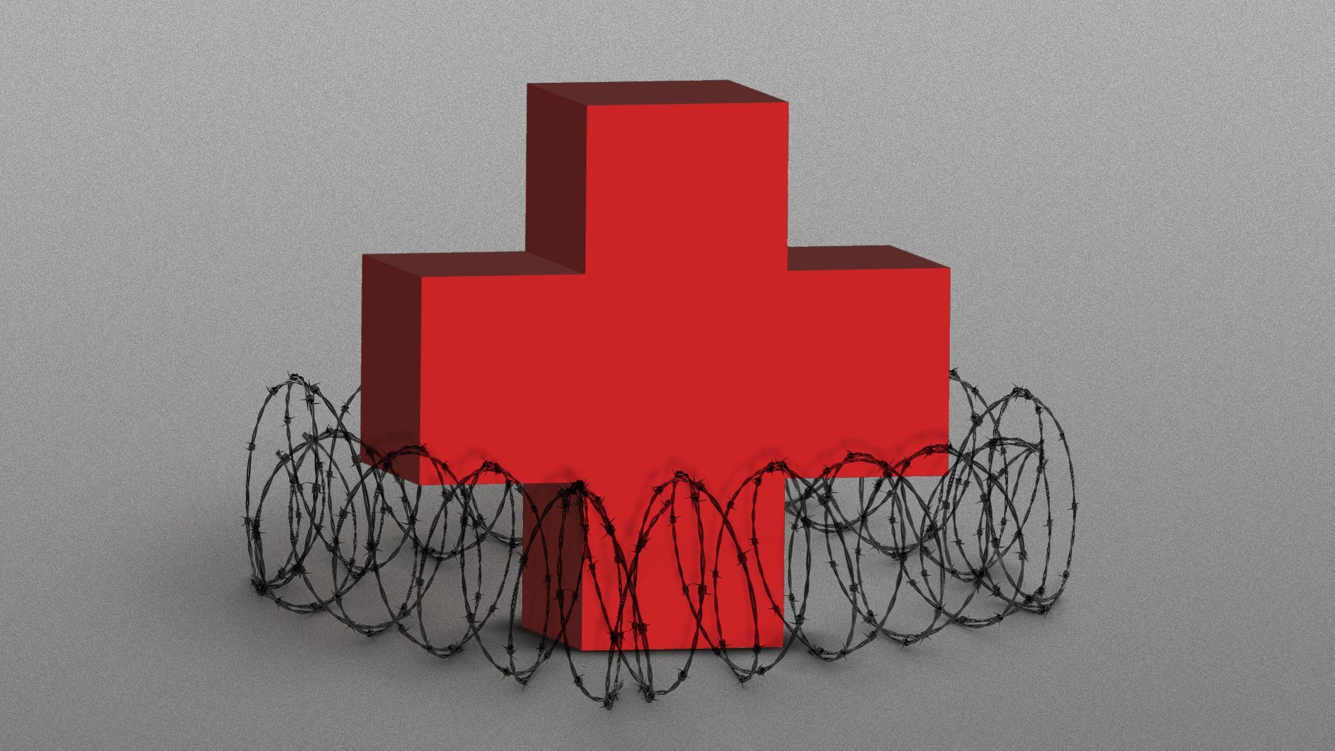 Illustration of a three dimensional health plus surrounded on all sides by barbed wire. 