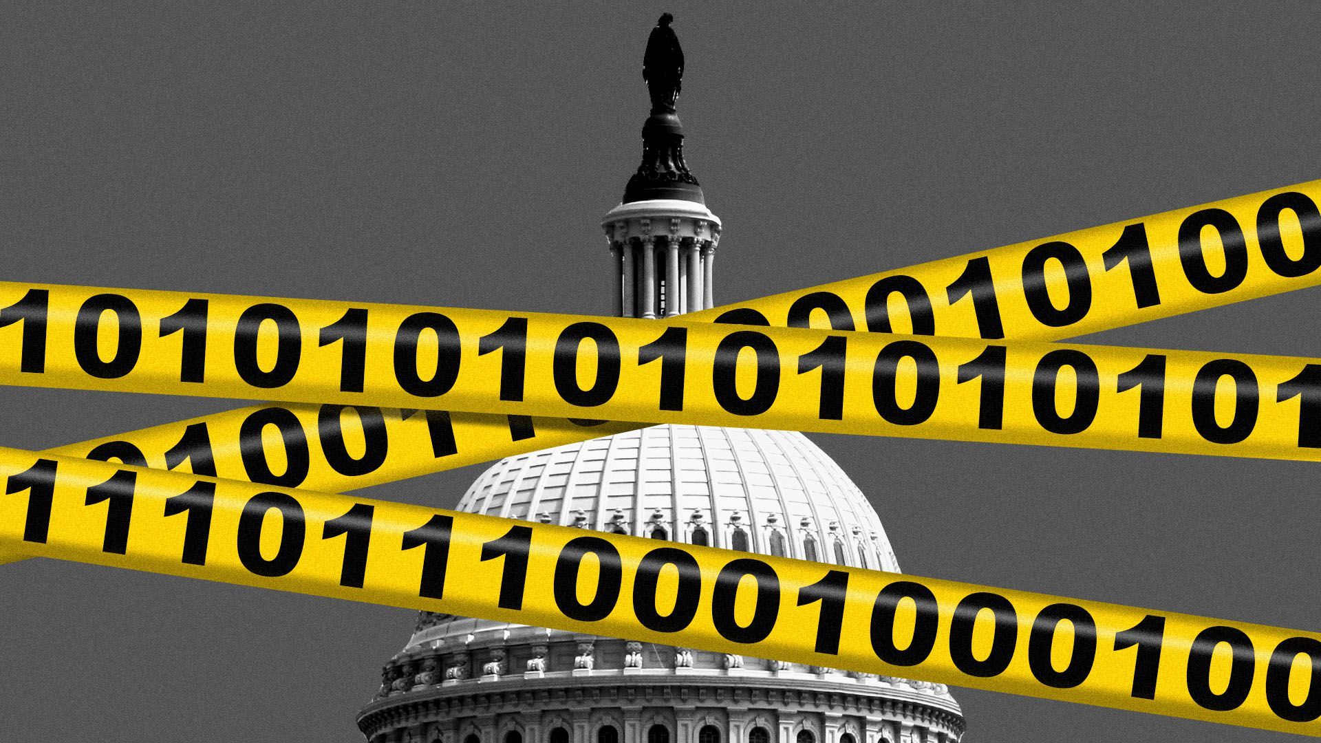 Illustration of the Capitol dome with police tape in front featuring binary code