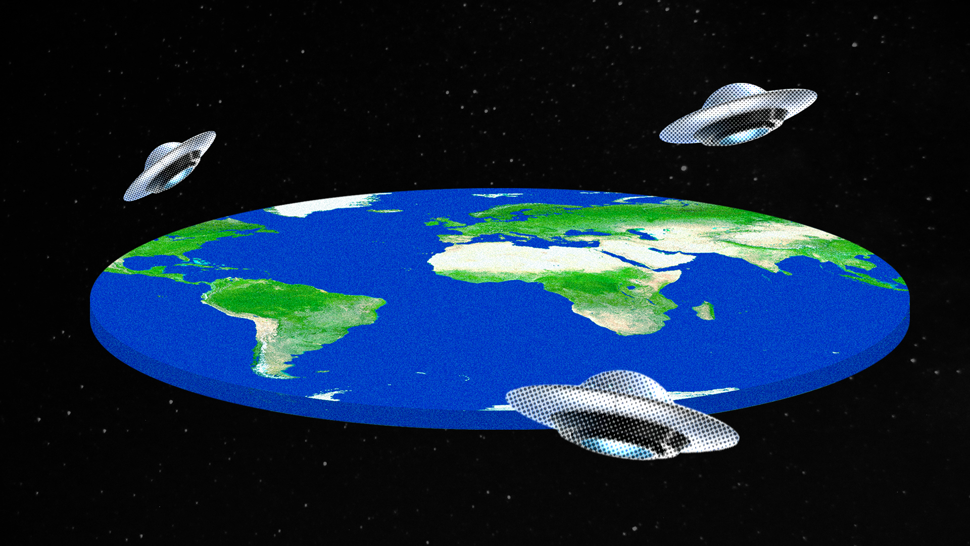 A flat earth surrounded by flying saucers