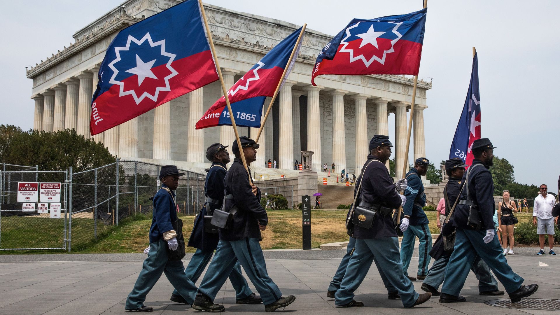 Members of a Civil War re-enactment troop are seen in front of the Lincoln Memorial during Juneteenth celebrations in Washington, D.C., the United States, on June 19, 2023. 