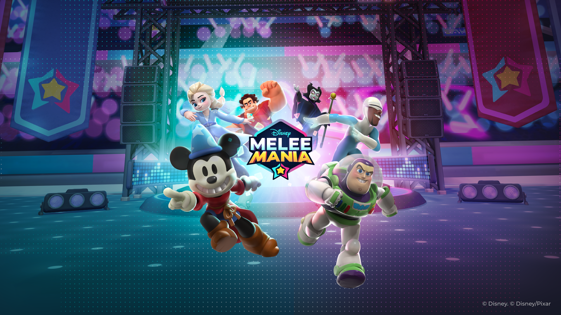Video game key art showing Disney characters, including Mickey Mouse and Elsa from Frozen