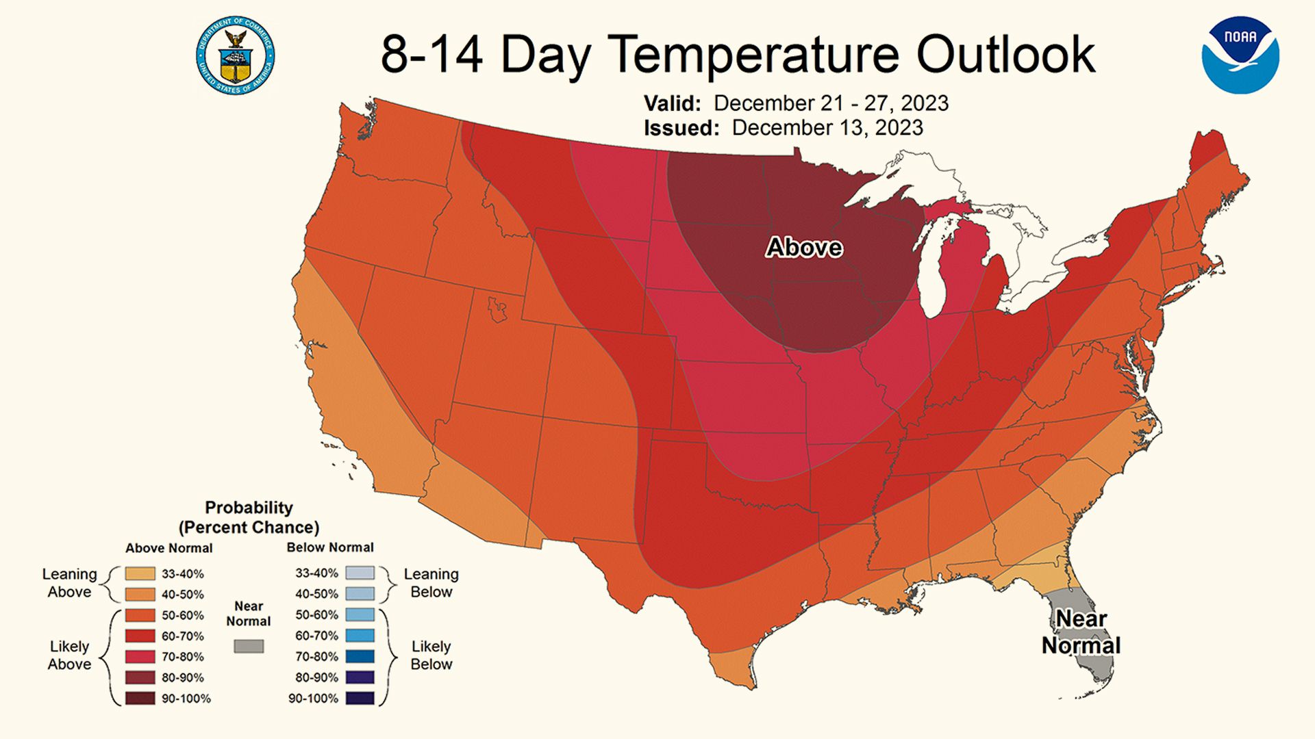 A map showing the probability of higher than average temperatures across the U.S. Iowa particularly has above 90% chance