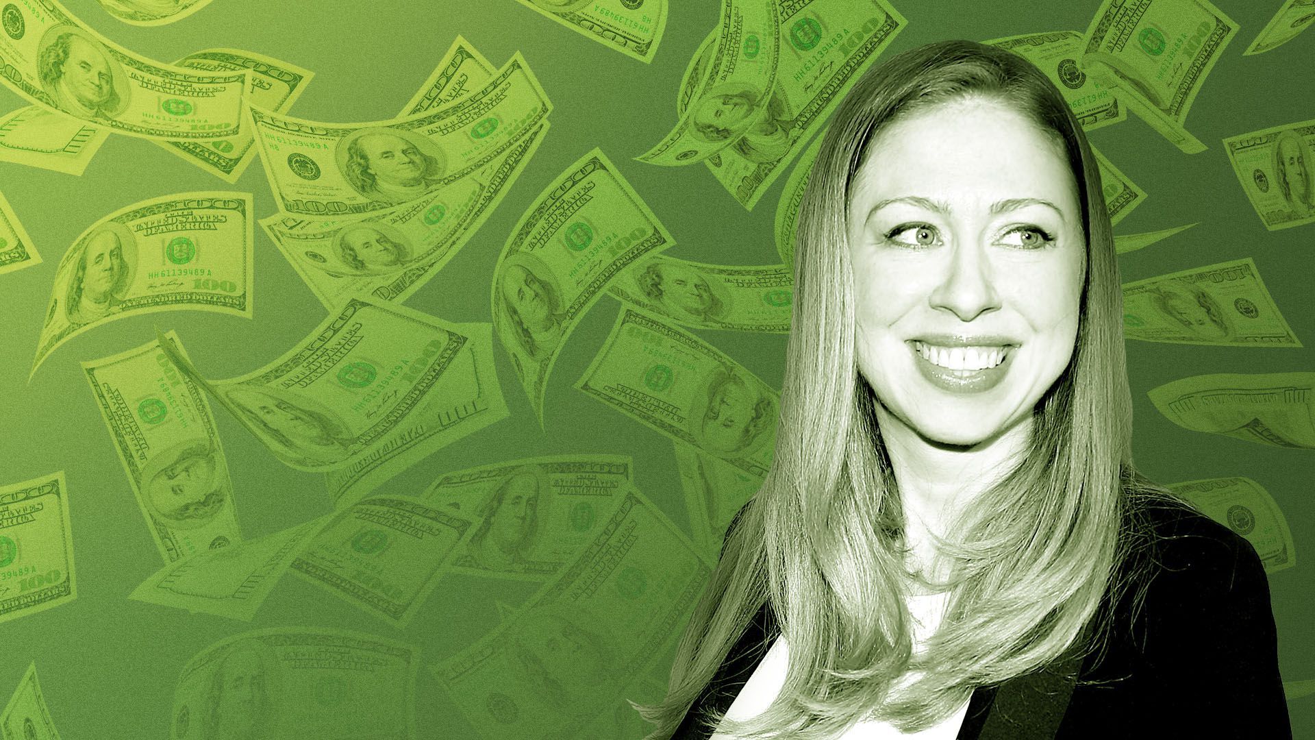 Photo illustration of Chelsea Clinton with money floating behind her