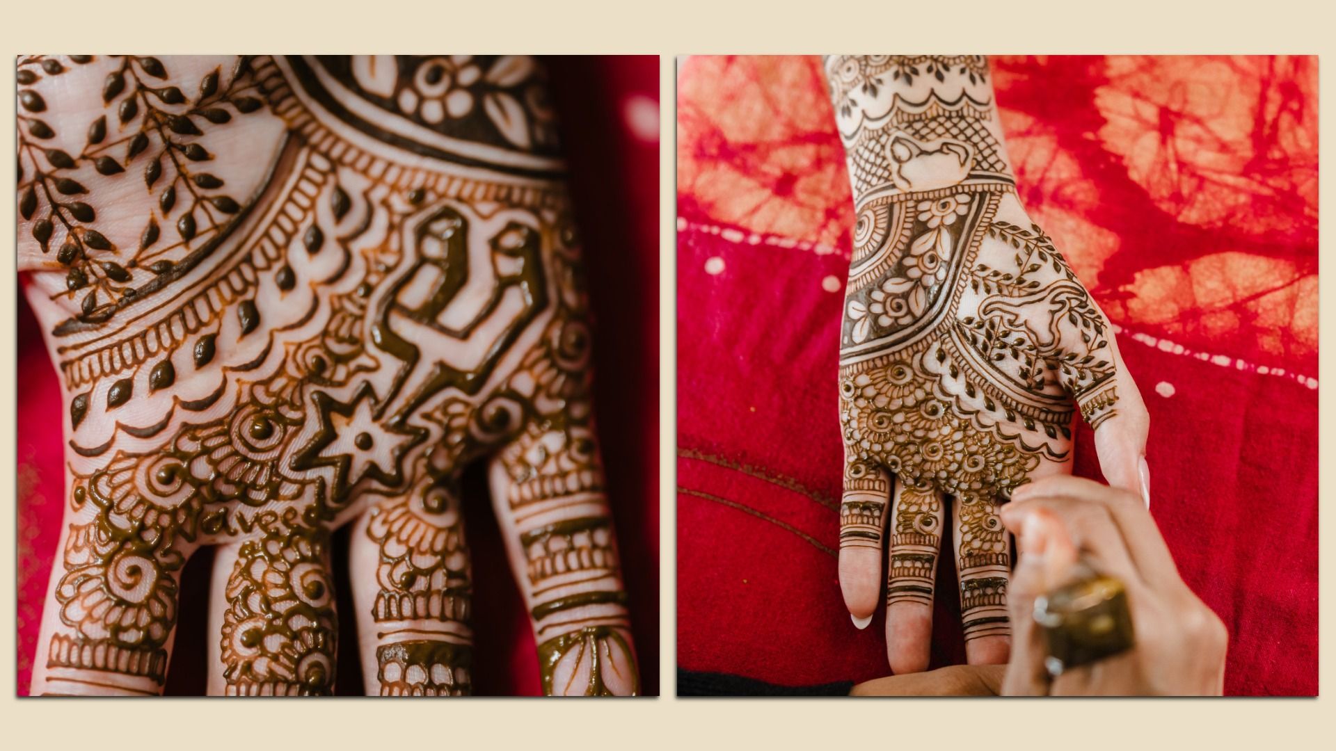 Side-by-side image with photos showing an intricate mehndi design on a woman's palms. 