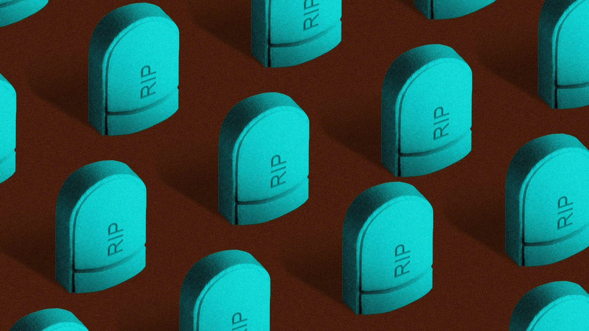 An illustration of light blue pills in a brown background appearing as gravestones with "RIP" on each