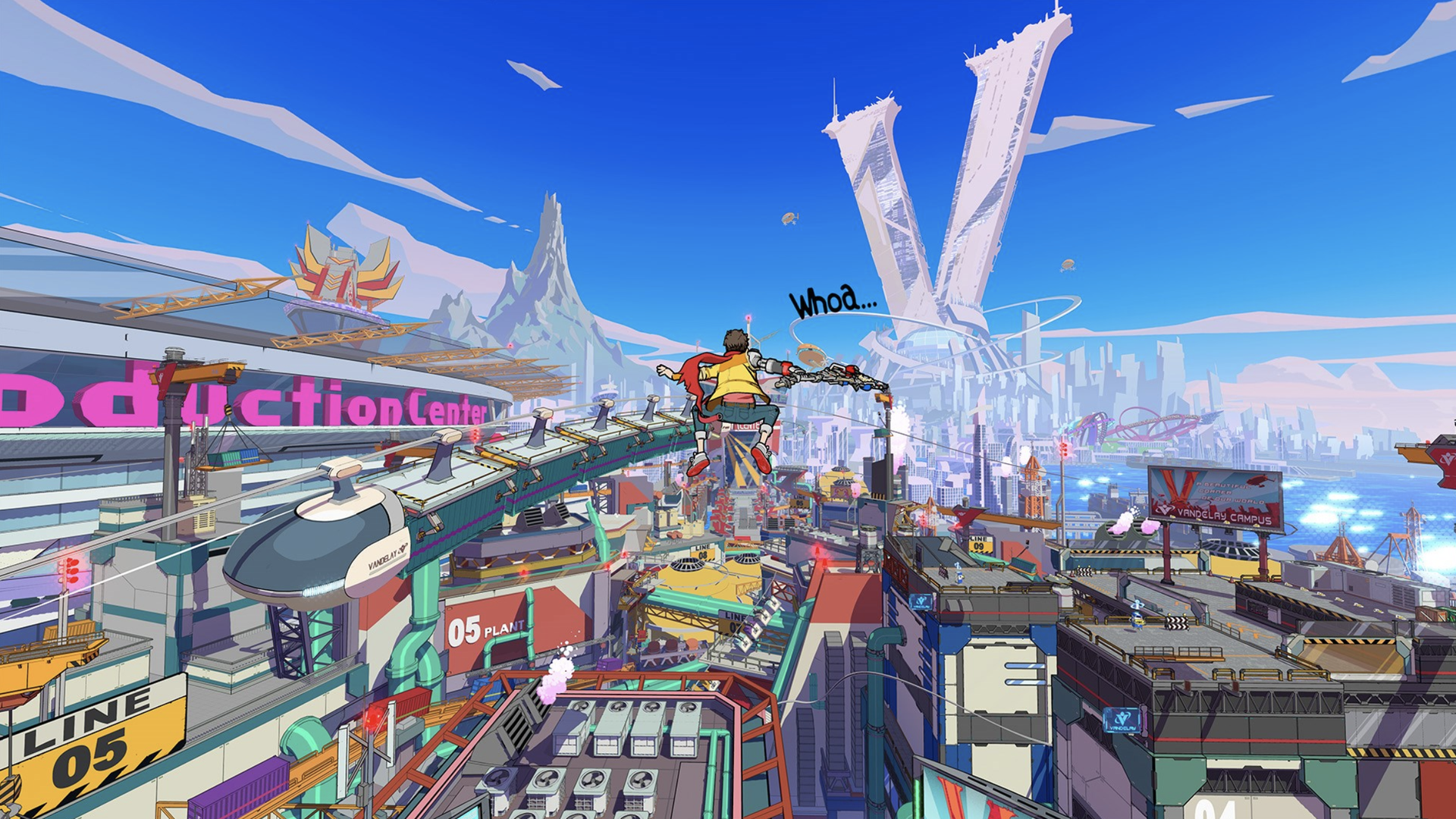 Video game screenshot of a person leaping high above a futuristic city beneath a blue sky