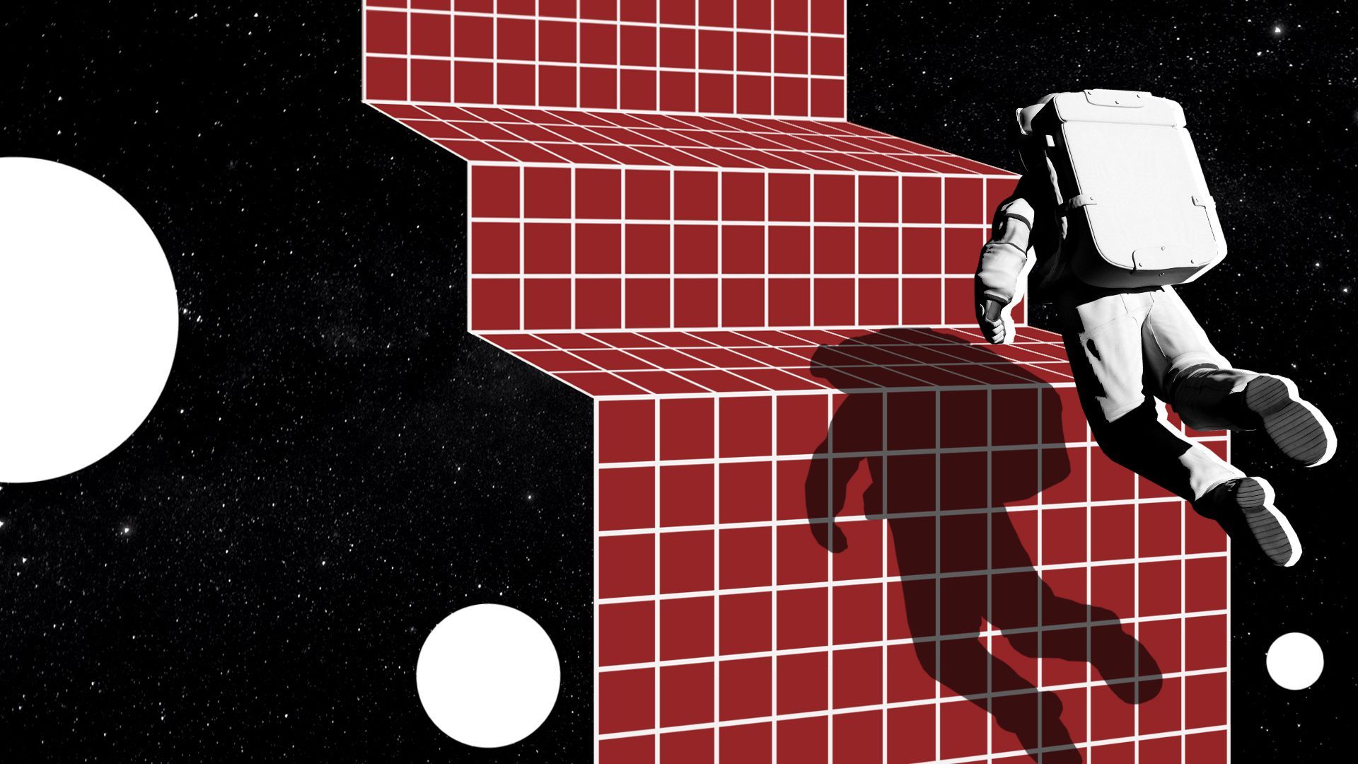 Illustration of an astronaut floating upwards over a gridded staircase 
