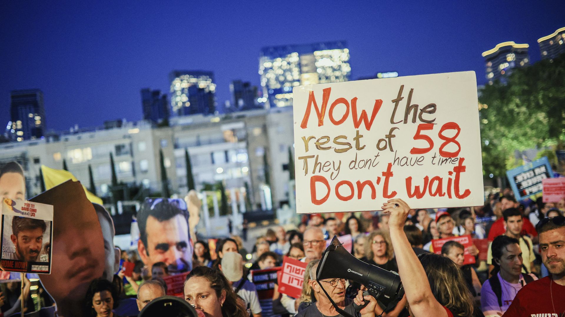 Israelis march to demand freedom of all of the hostages held in Gaza, and call on US officials, including President Trump, to intervene for their release near the US embassy in Tel Aviv, Israel, on May 13, 2025. (Photo by Itai Ron / Middle East Images / Middle East Images via AFP)