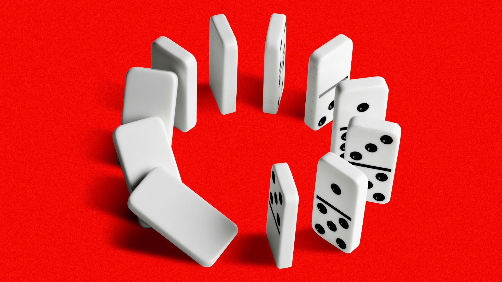 Illustration of a circle of dominos starting to fall.