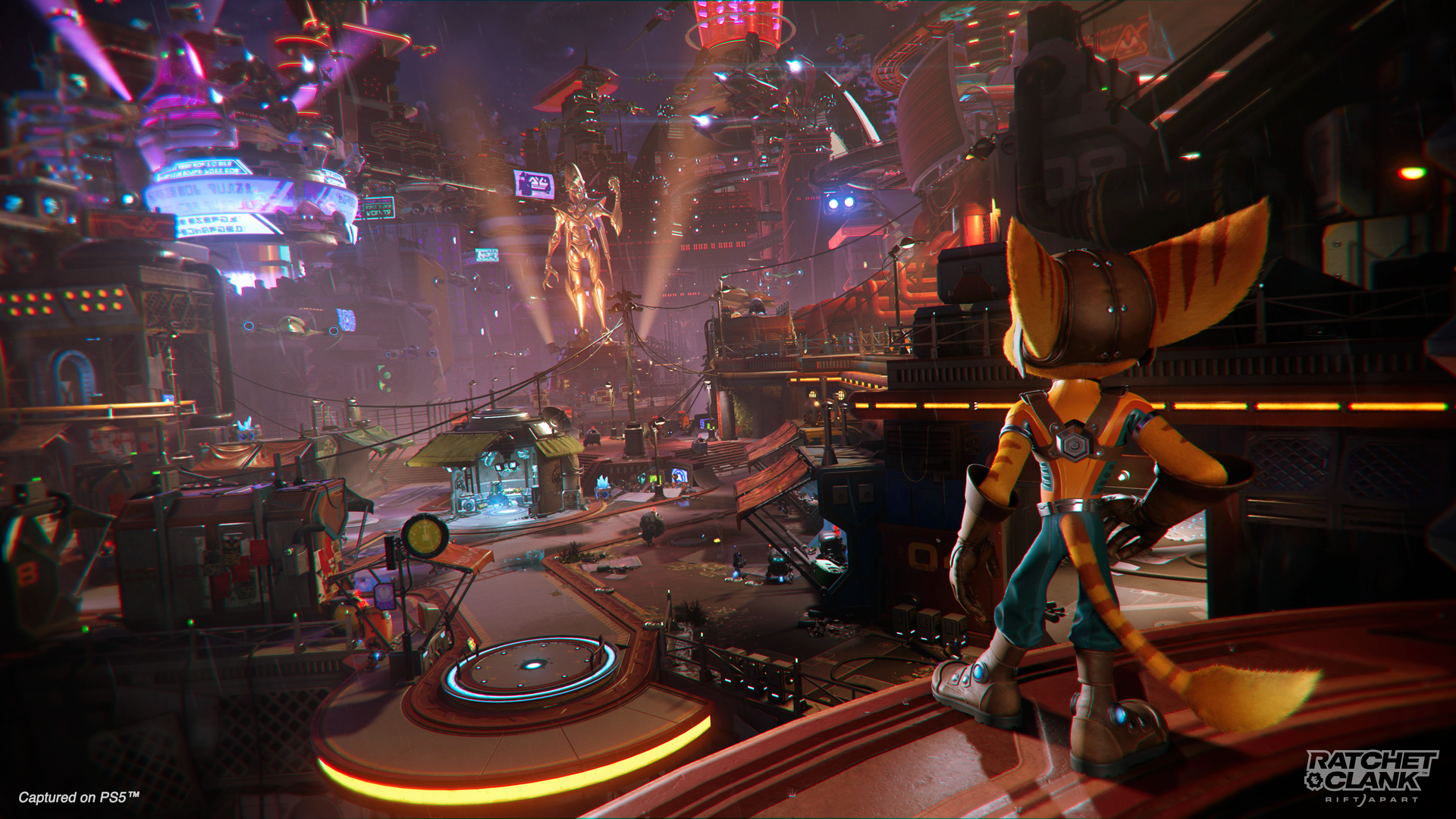 Screenshot of a scene of citylife from the video game "Ratchet & Clank: Rift Apart"