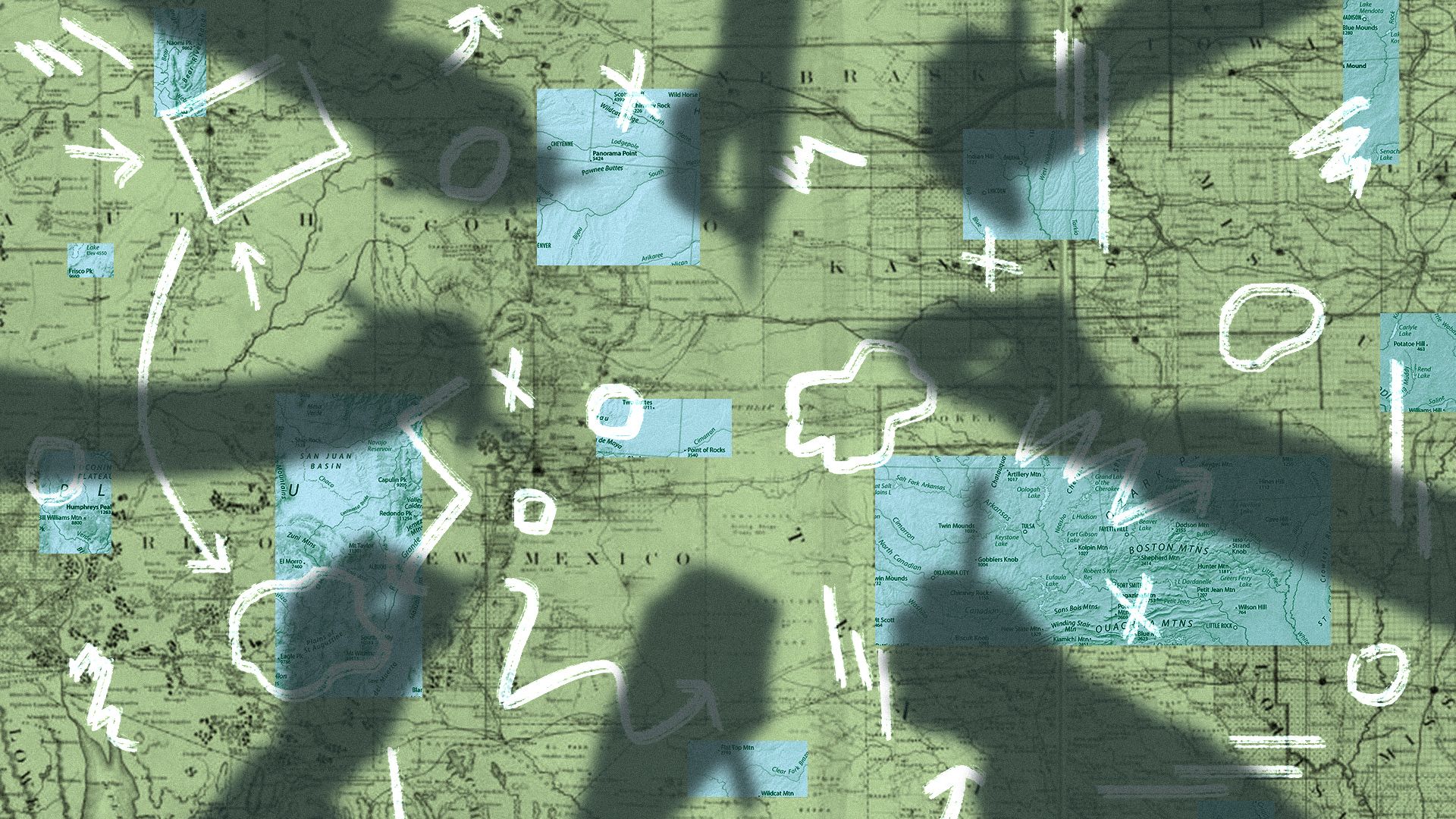 Photo illustration of a group of hands holding pens and pencils over a map of the United States made up of a collage of old and new map pieces. 