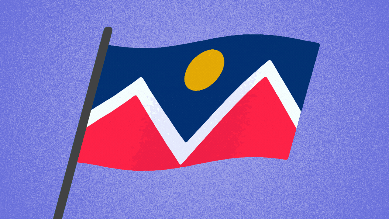 Animated illustration of a waving Denver flag, with a sun that turns into a light bulb.