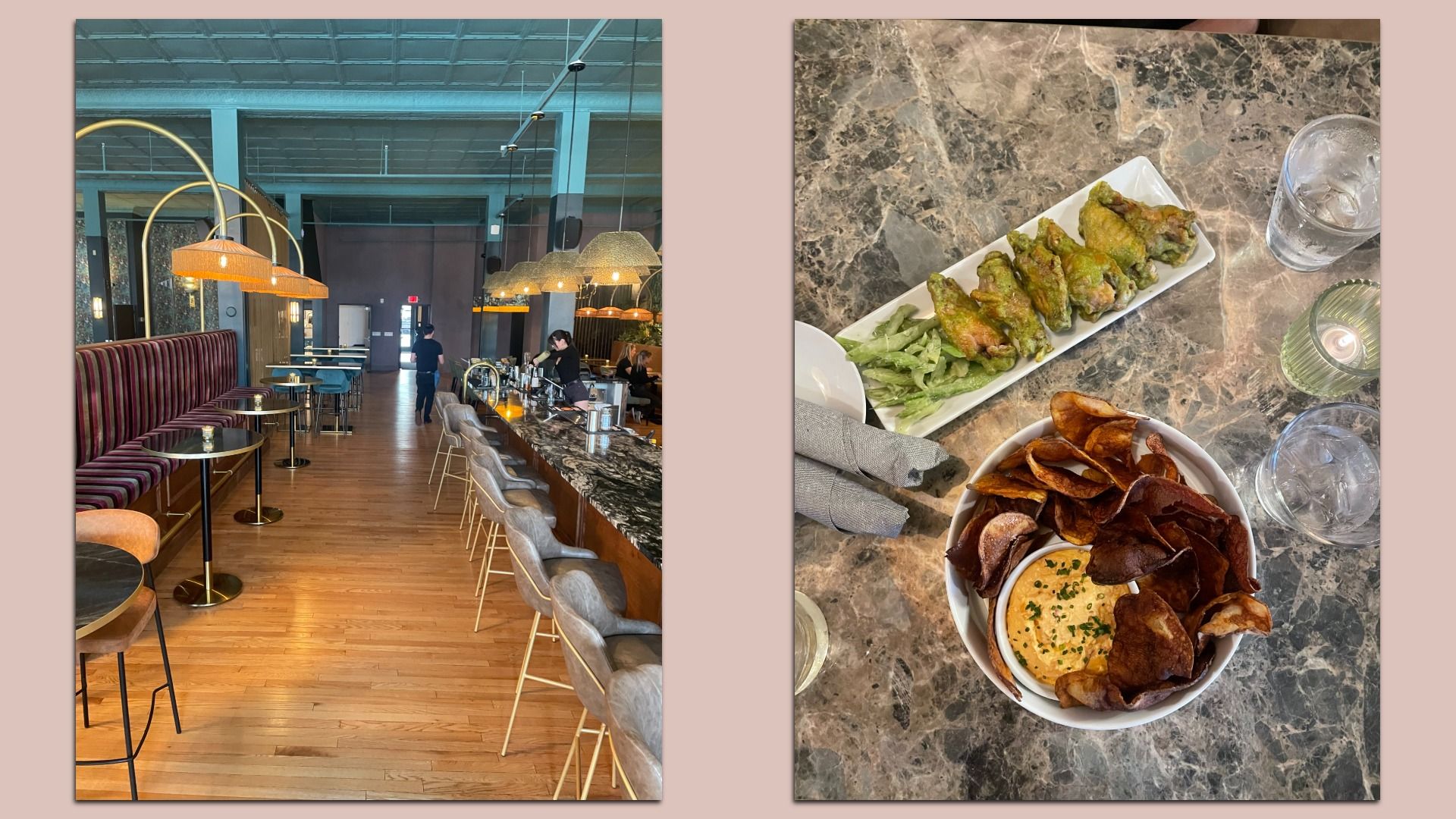 Side by side images of midcentury modern restaurant dining room (L) and cheese dip and wings from above (R)