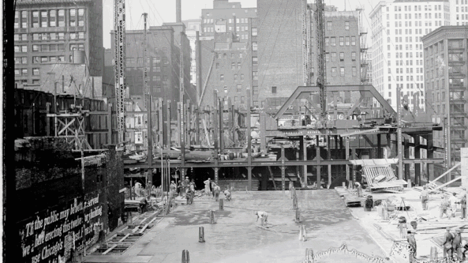 GIF of an old archival photo of a construction site blending into a video of a building from today. 